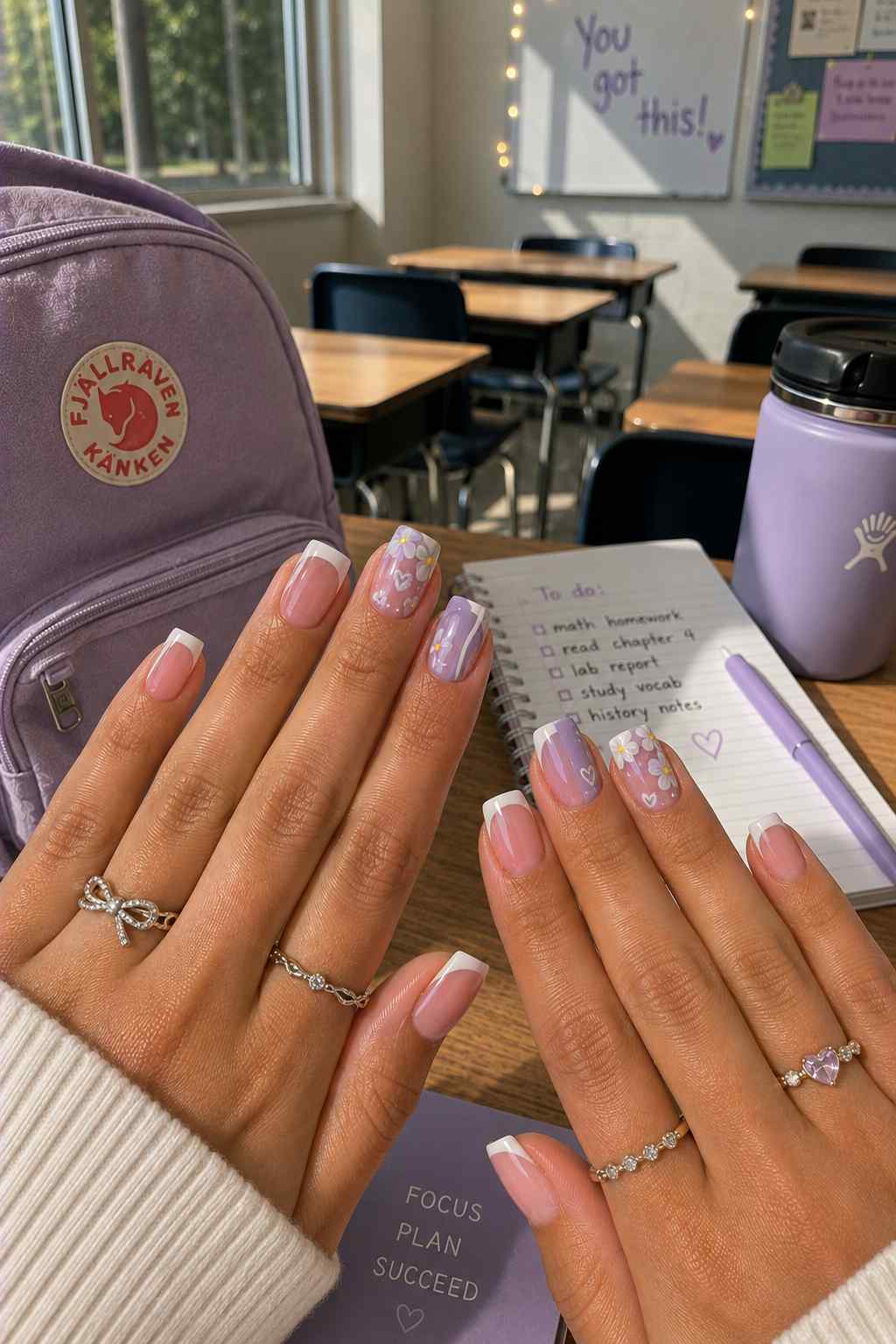 White and lavender French tip nails with daisy flower art and heart accents
