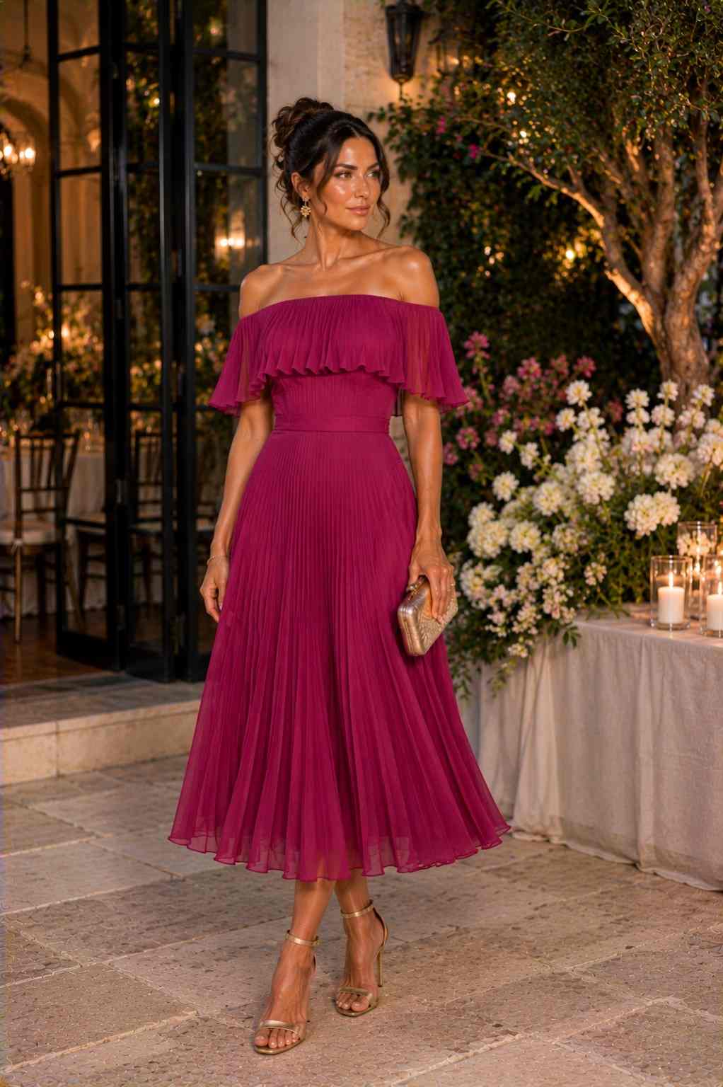 Magenta pleated off-shoulder midi dress with ruffled neckline