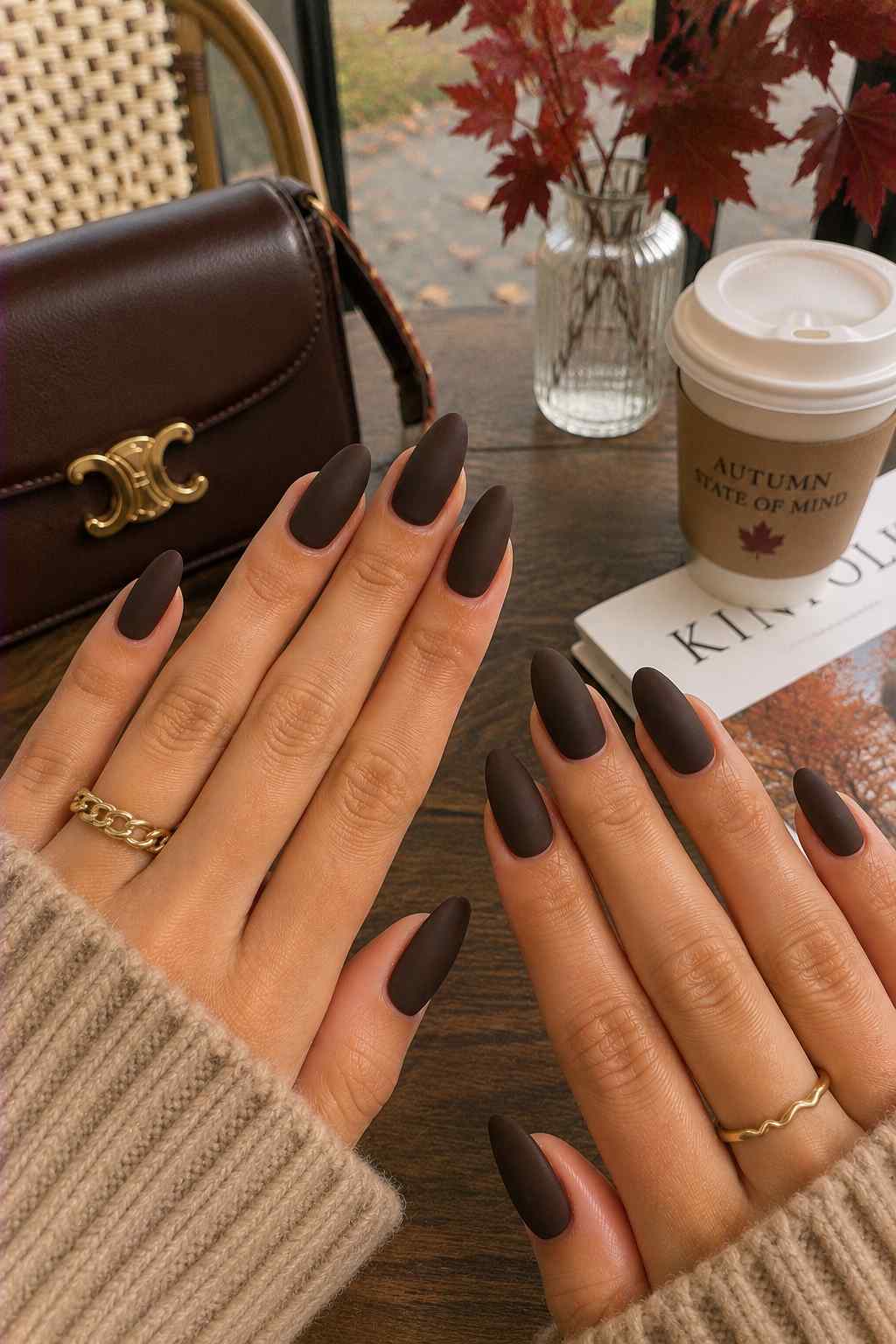 Full set of matte espresso brown almond-shaped nails