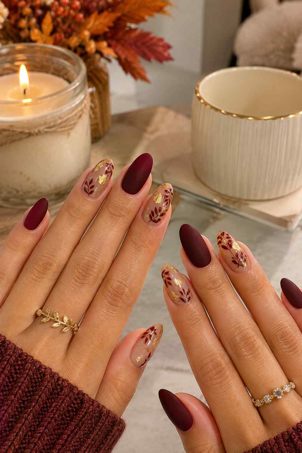 Matte oxblood red nails alternating with sheer nude nails featuring burgundy leaf art and gold foil flecks
