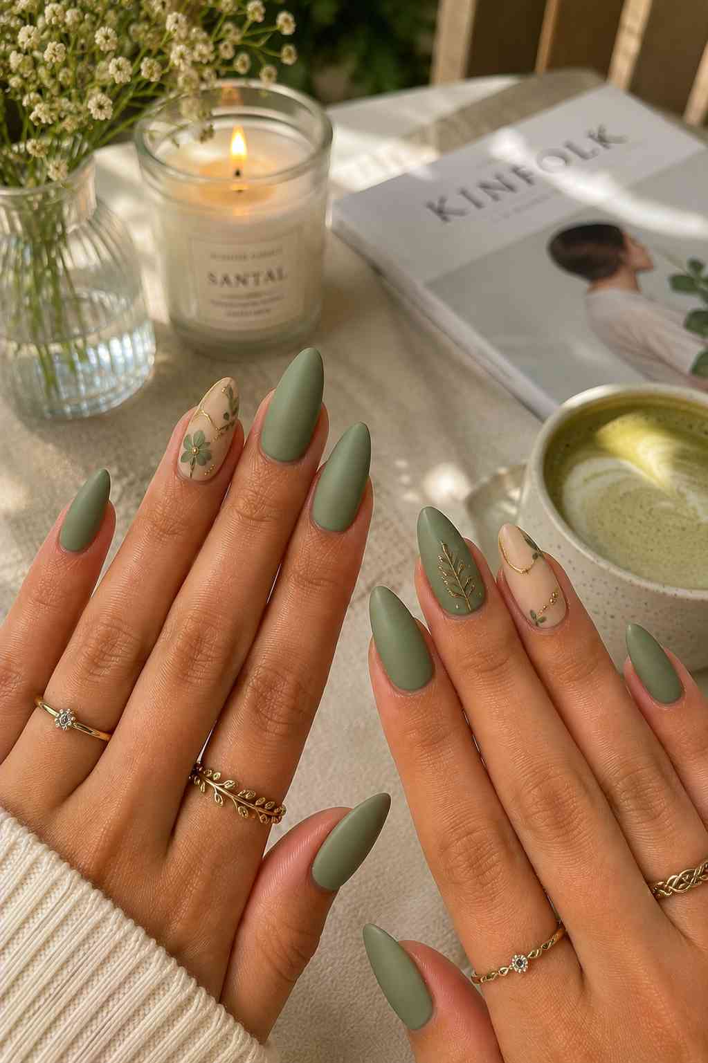 Matte sage green nails paired with sheer nude nails featuring gold leaf branch art and a 3D flower accent
