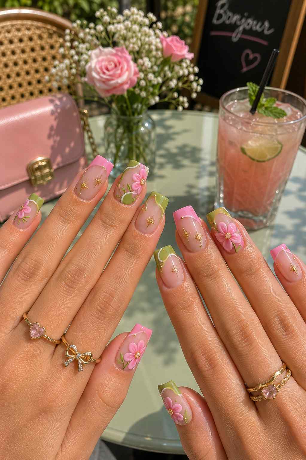 Maximalist pink and green French nails with 3D flowers and gold stars