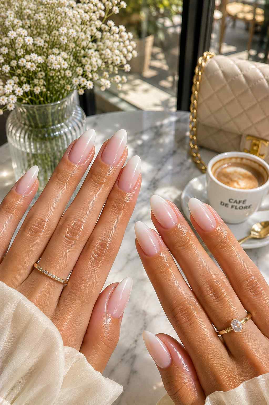 Milky white ombre nails fading into a sheer nude base