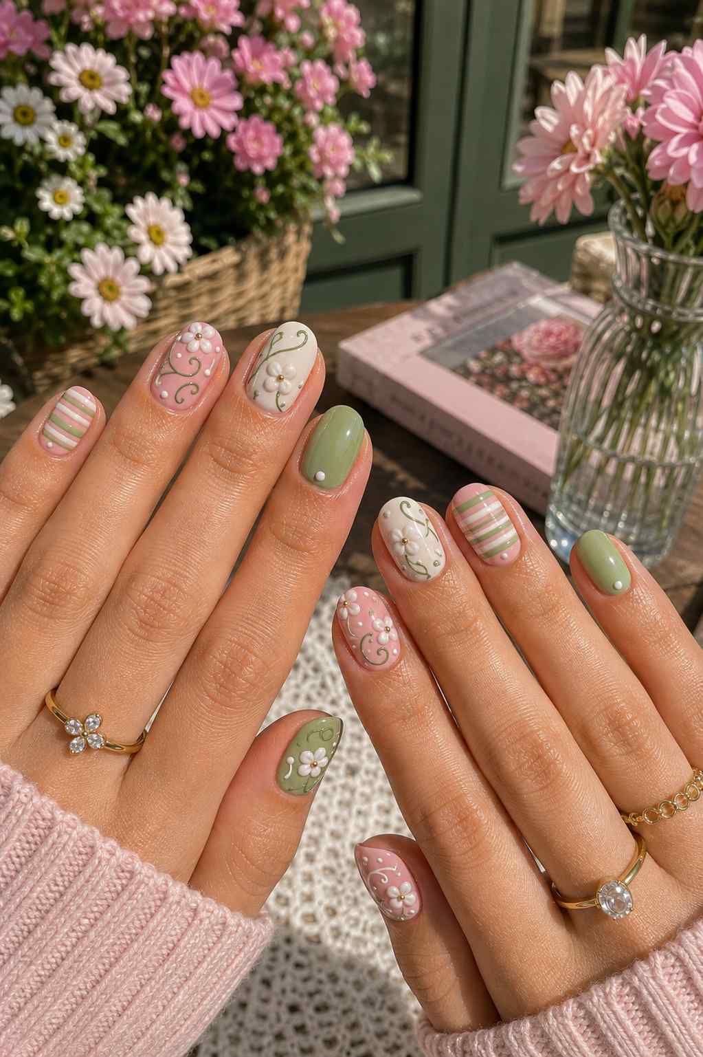 Mixed nail set with striped nails, painted daisies, and sage accents