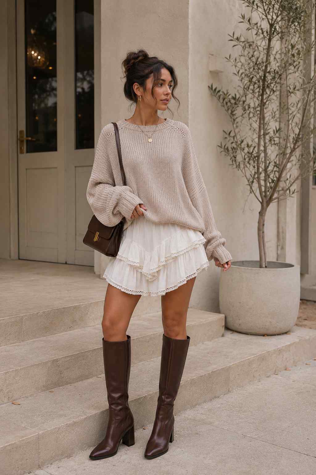 Oversized oatmeal knit sweater with white lace-trim ruffle mini skirt and brown knee-high boots – cozy fall outfit idea