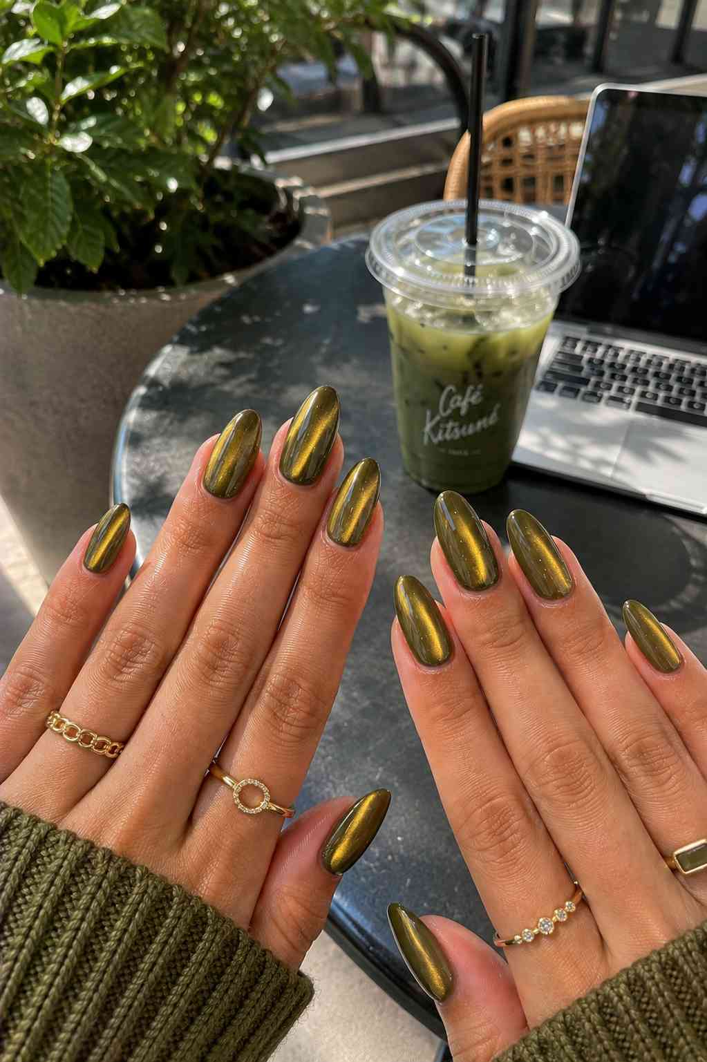 Full set of metallic olive gold chrome almond nails