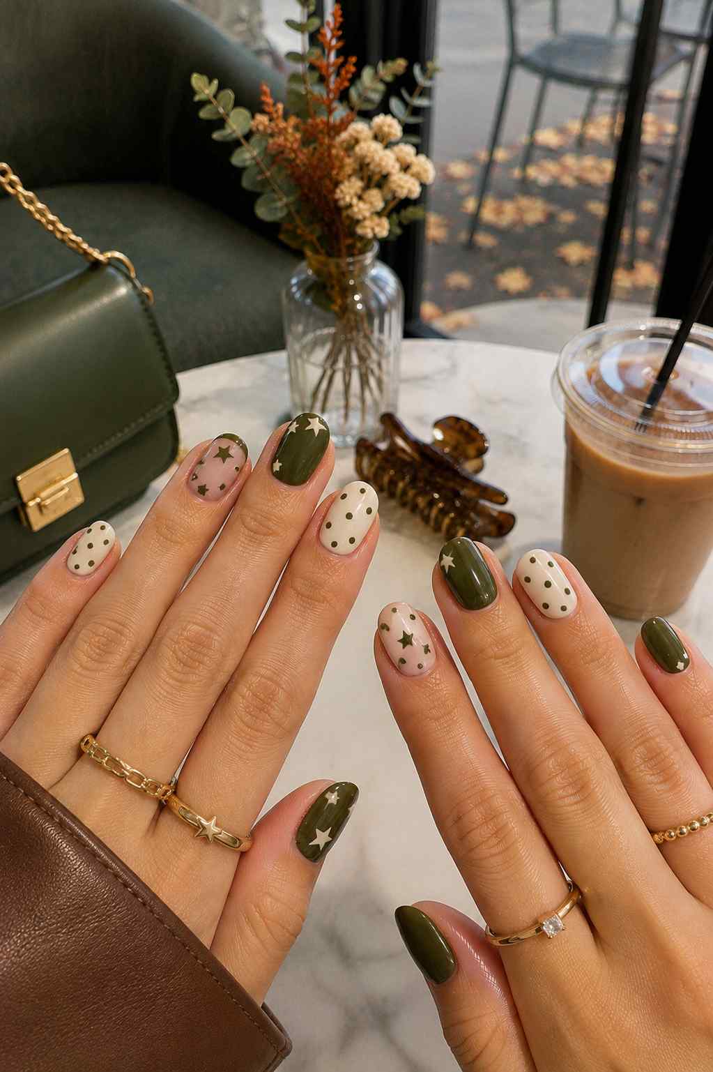 Short round nails in solid olive green, cream with olive polka dots, and nude with olive star nail art