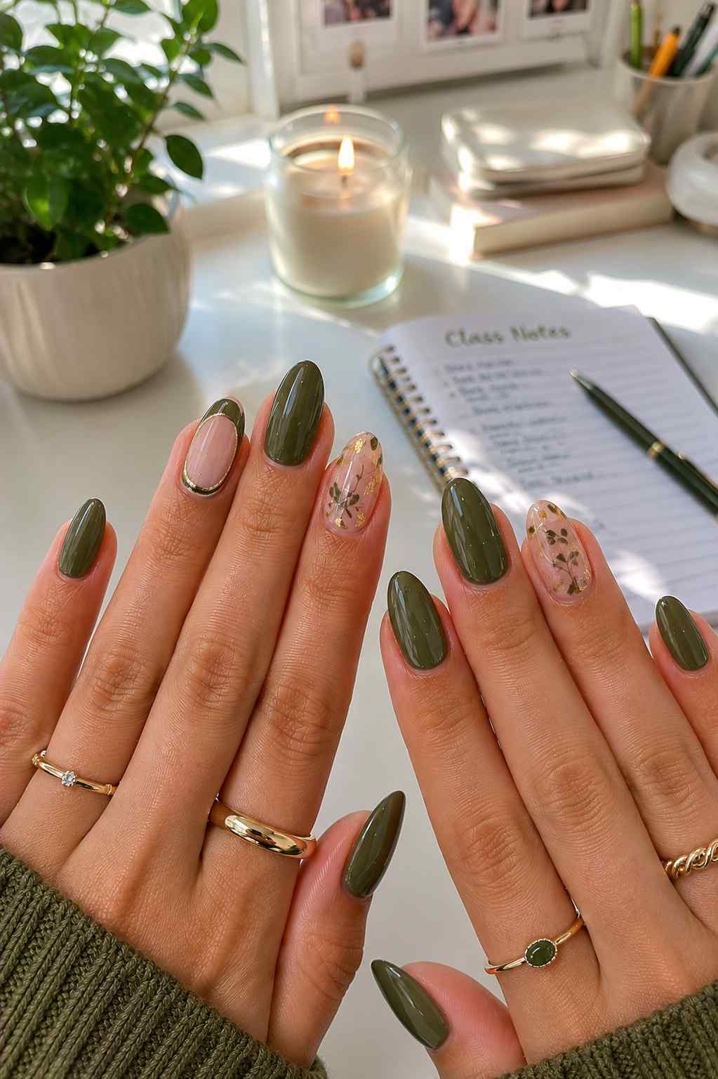 Olive nails with a gold-outlined negative space accent and sheer nails featuring gold botanical foil art