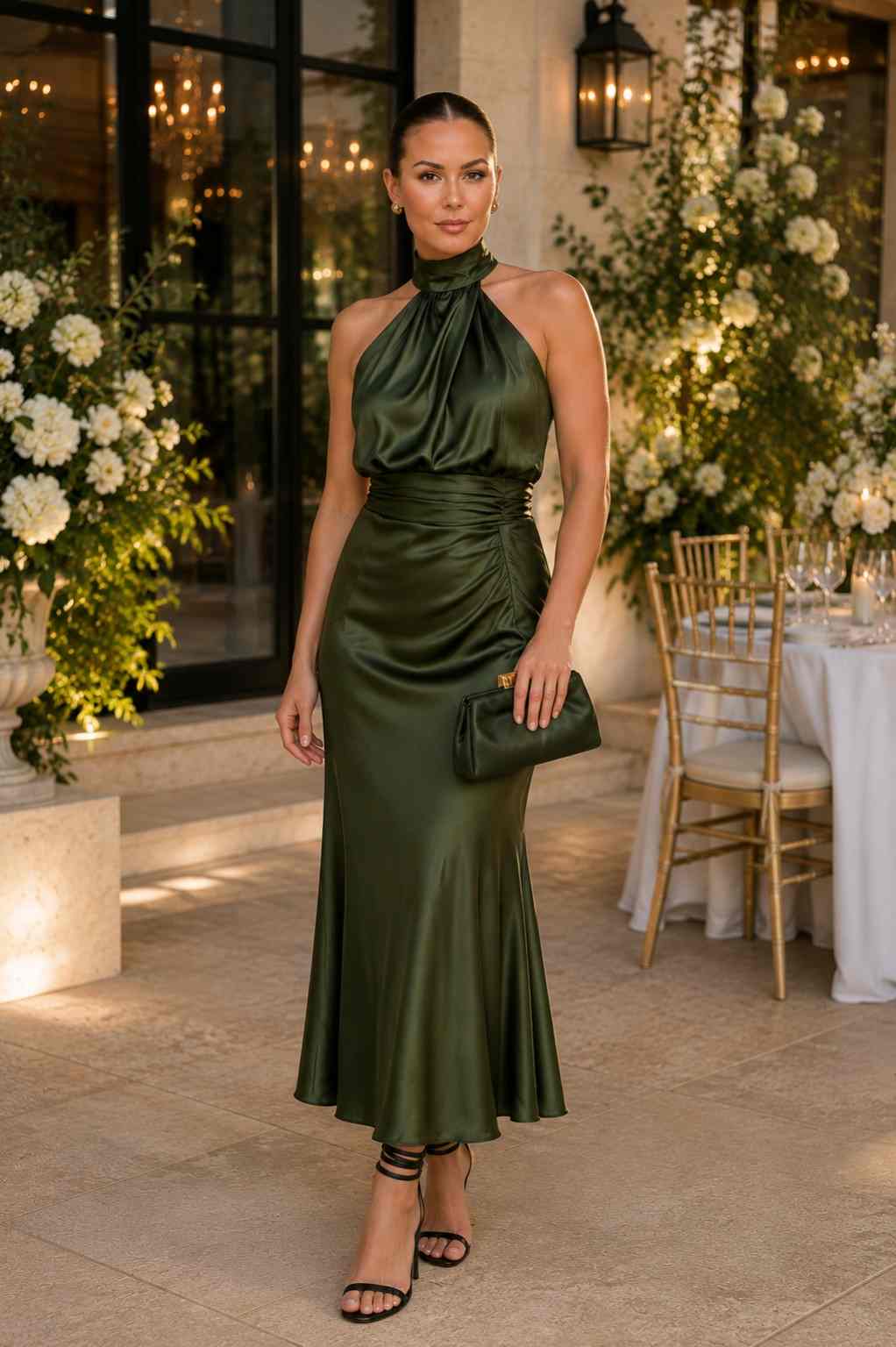 Olive green satin halter midi dress with ruched waist and bias-cut skirt