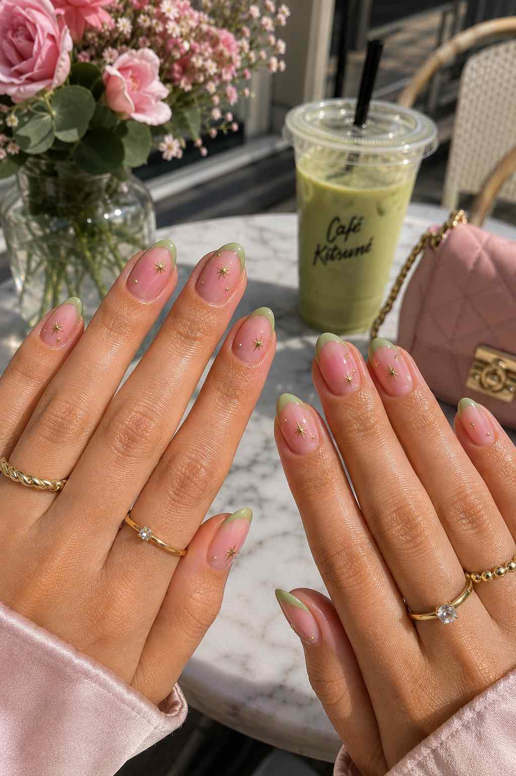 Pale diagonal green French tips with gold star accents