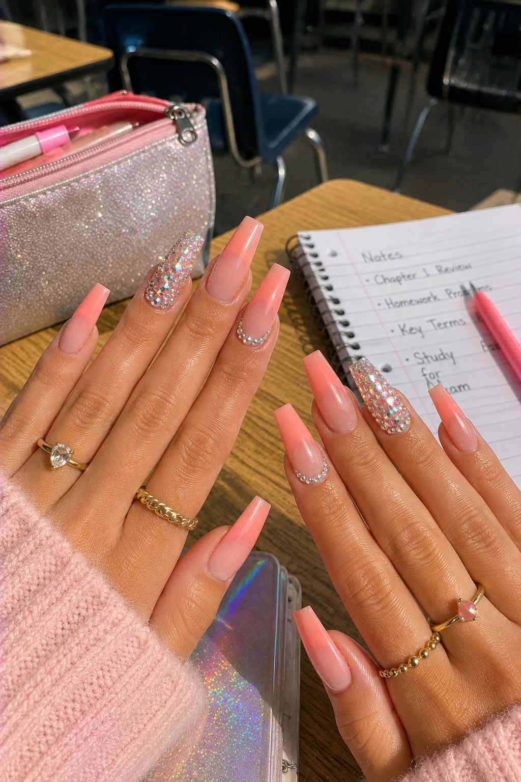 Long coffin nails in peach ombre with crystal rhinestone accent nails