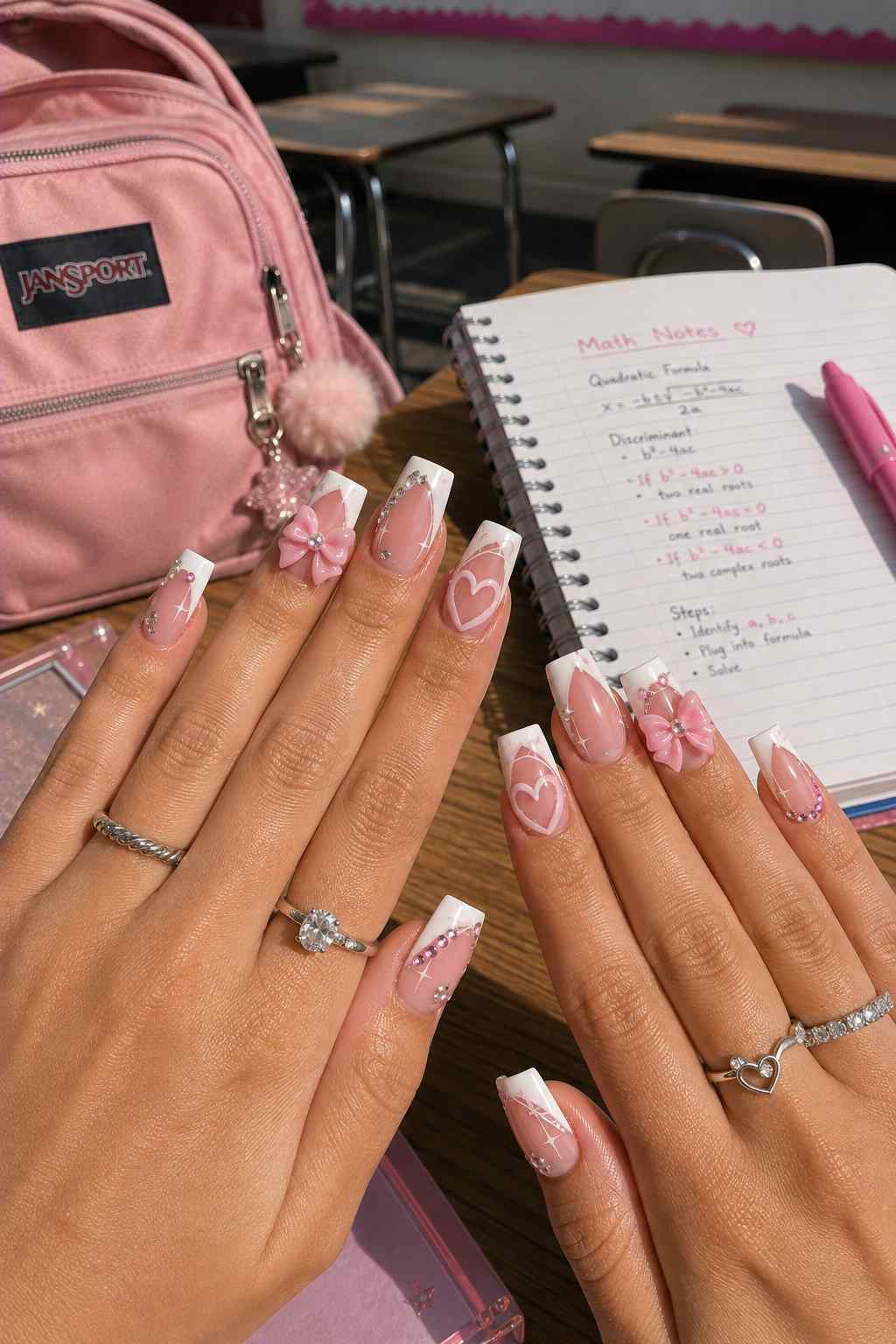 White and pink French tip nails with 3D pink bows, heart outlines, and rhinestone detailing