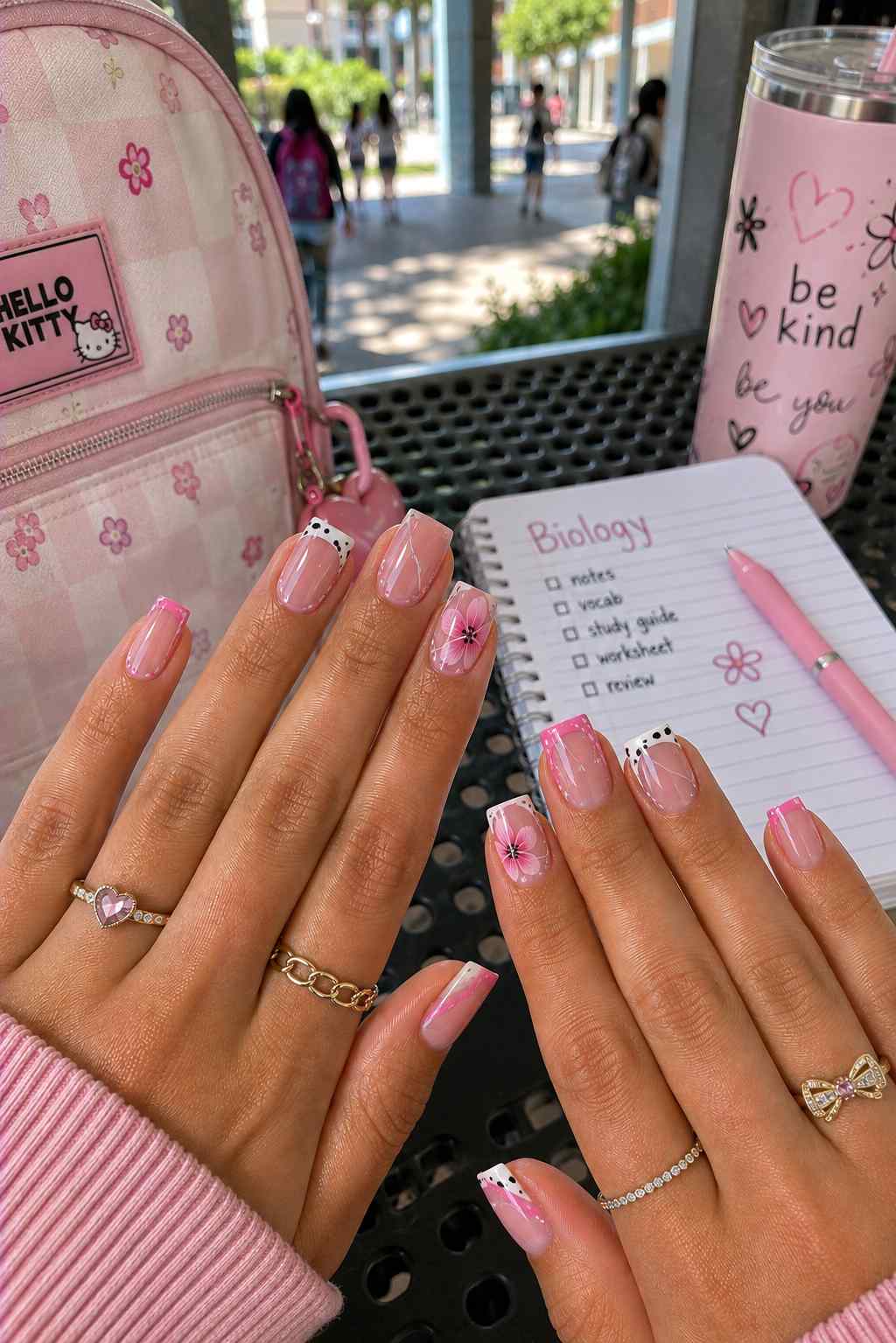 Nude nails with pink French tips, polka dot accents, and hand-painted flower nail art