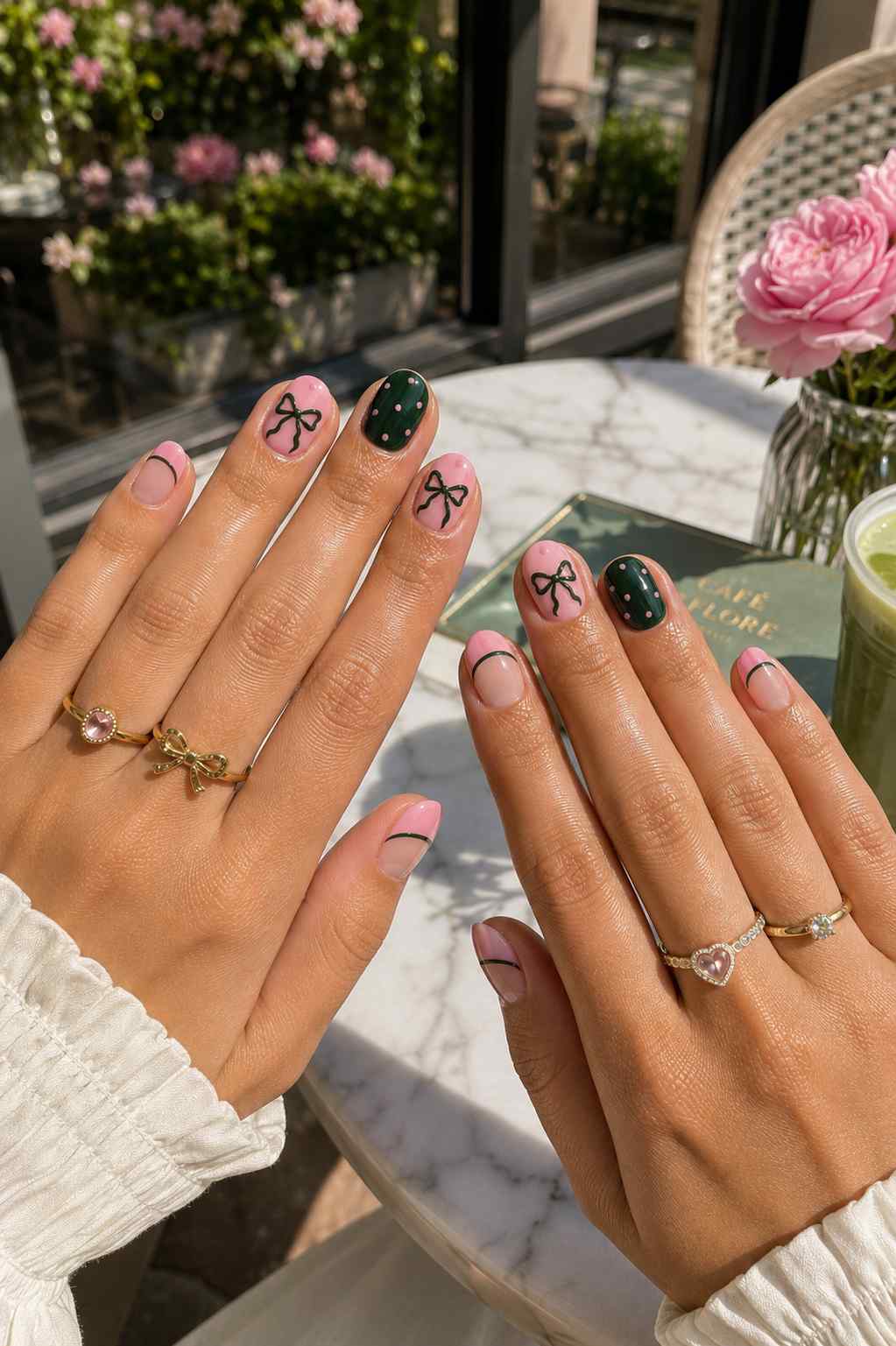 Pink and green nails with hand-drawn bows and polka dots