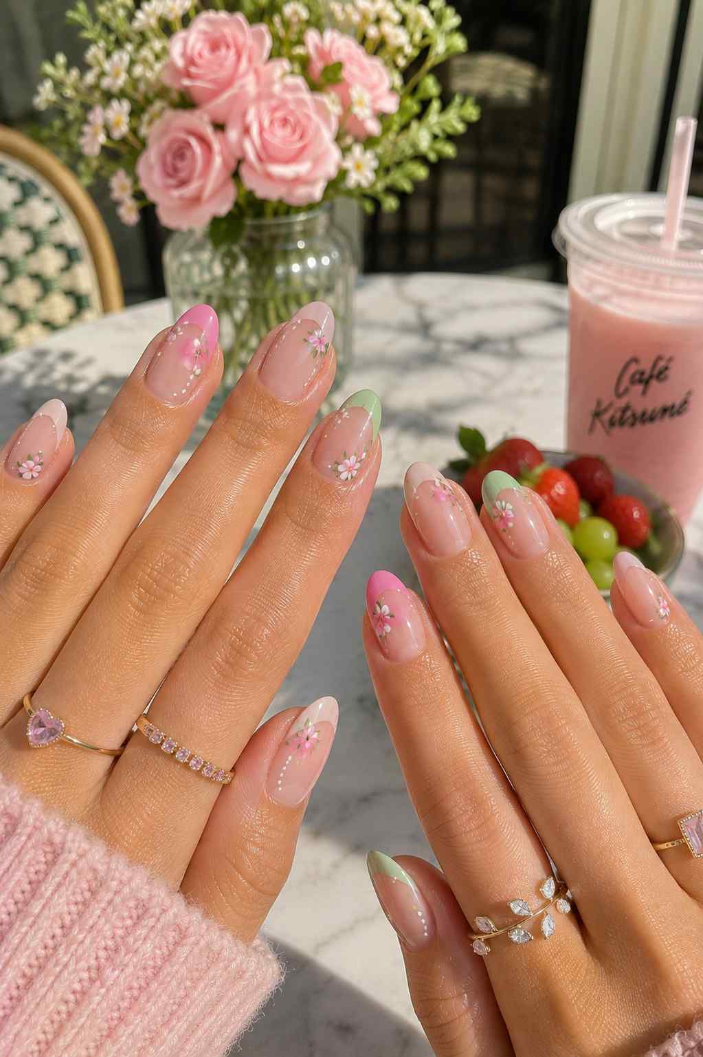Pink and green French tips with sheer floral accent nails