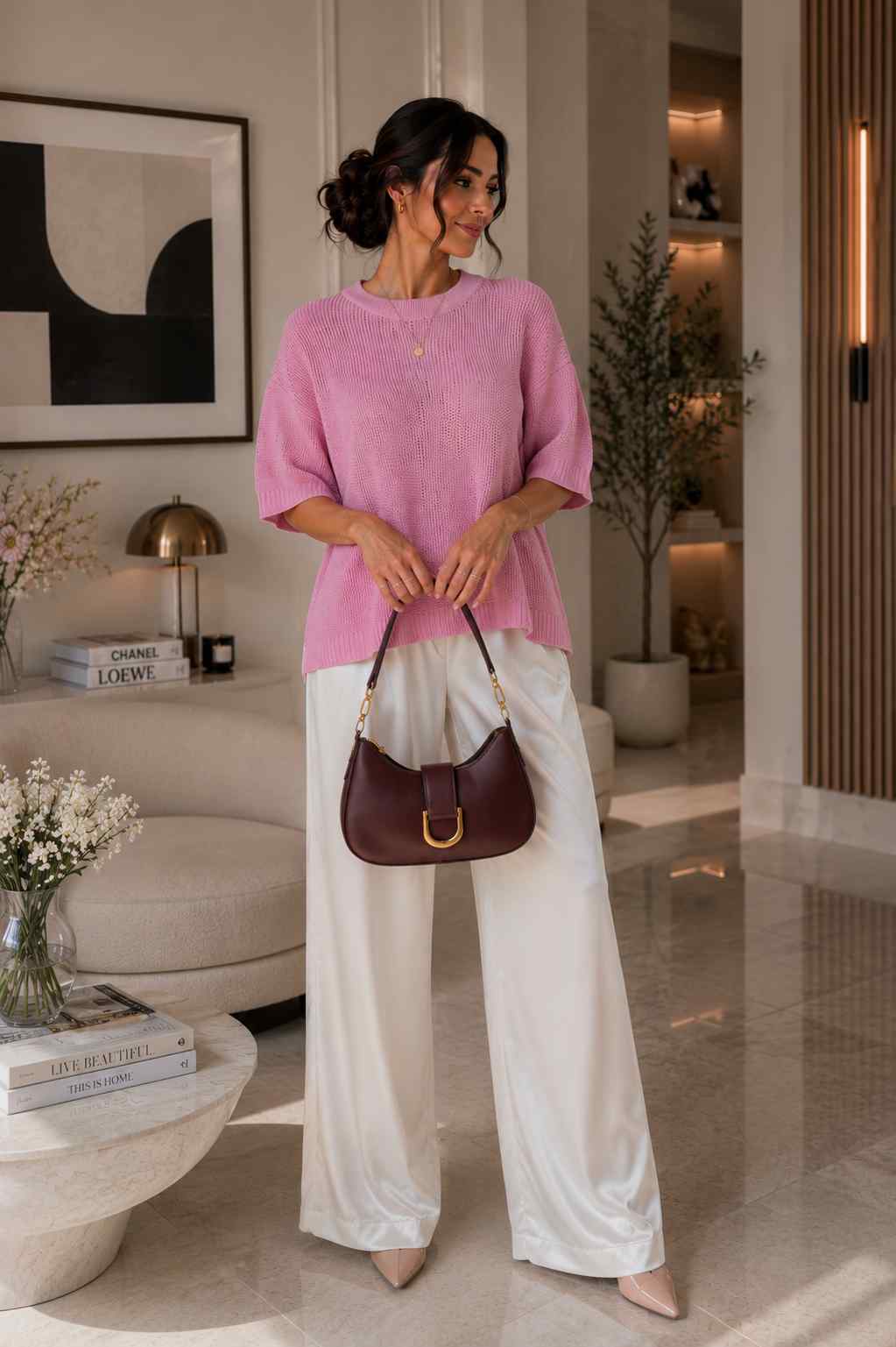 Soft pink oversized sweater with ivory silky wide-leg pants, burgundy handbag and nude heels – elegant casual outfit idea