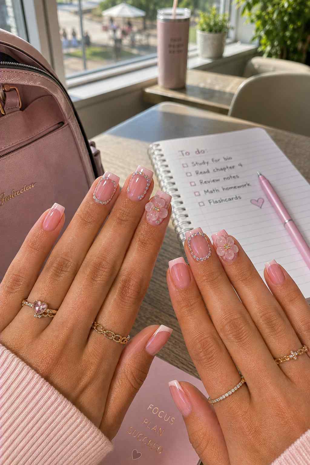 Nude square nails with rhinestone-outlined French tips and a 3D pink flower accent
