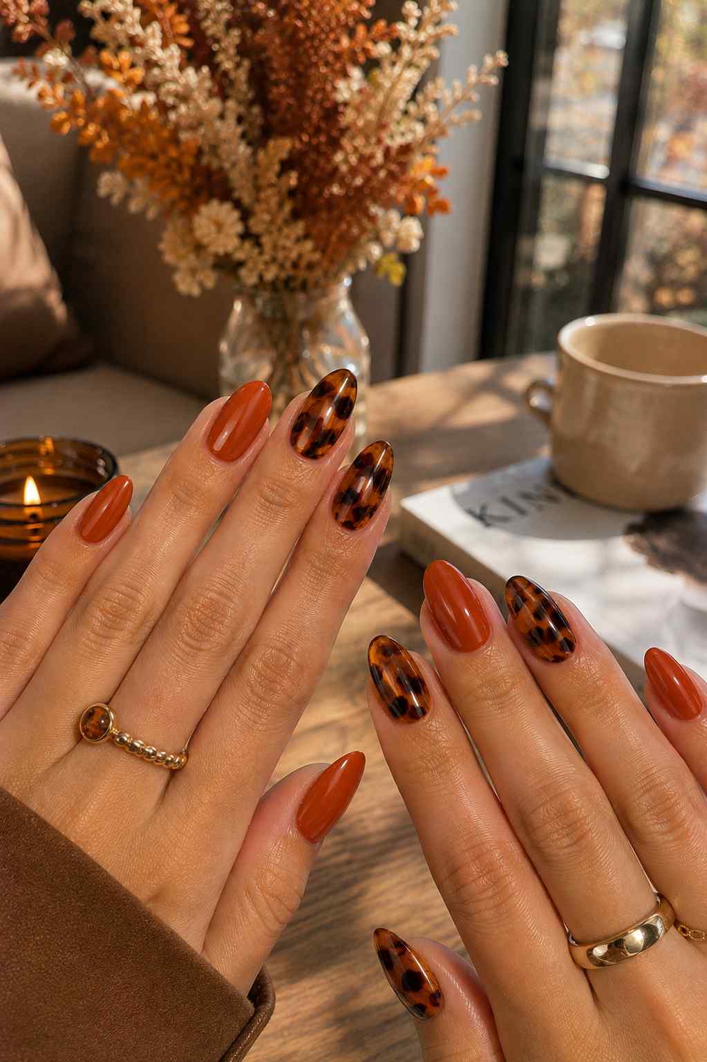 Burnt orange nails paired with tortoiseshell print accent nails