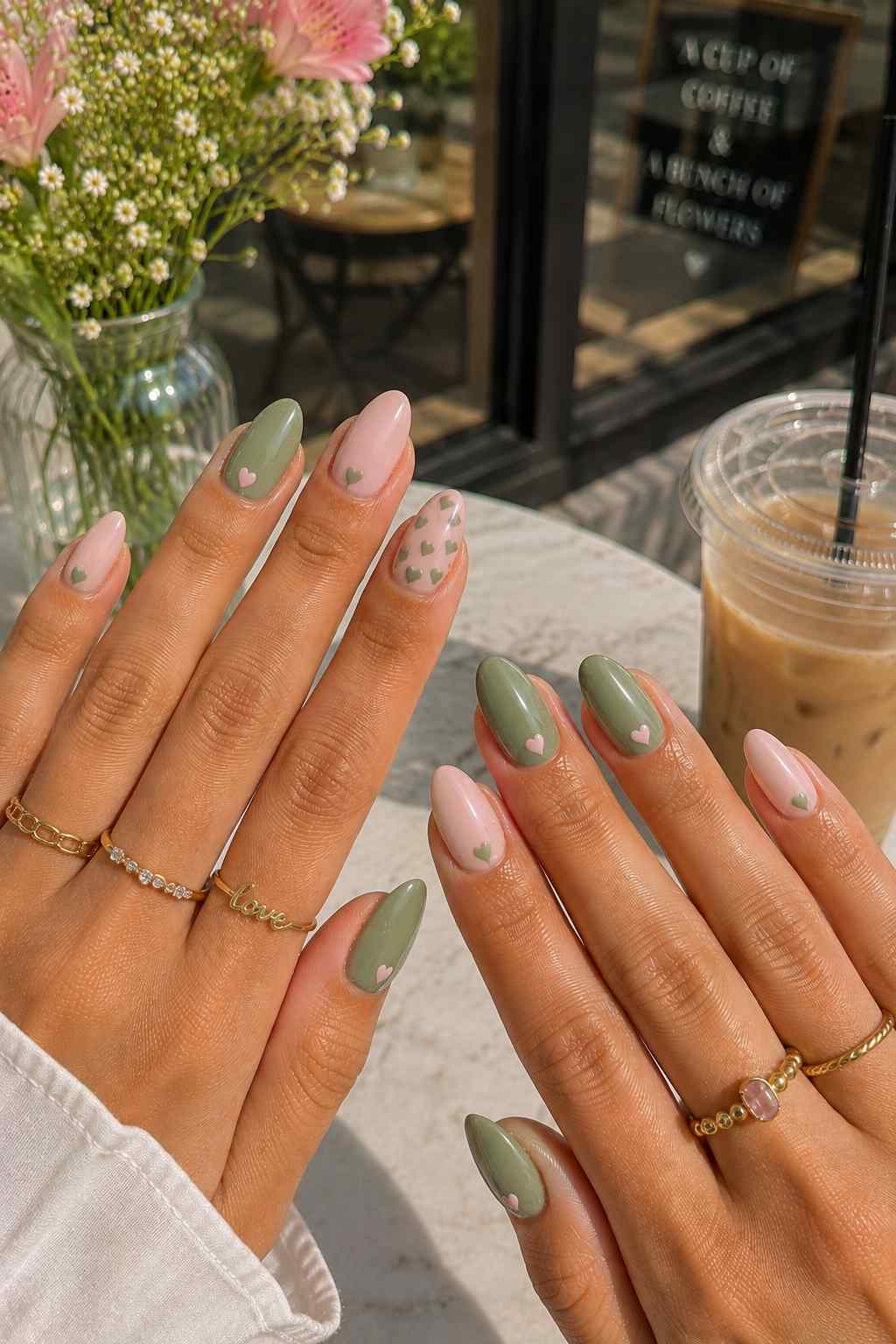 Sage green and blush pink nails with tiny painted heart accents