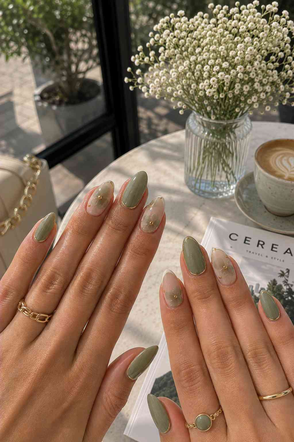 Sage green nails outlined in gold paired with sheer accent nails featuring small gold-centered flowers