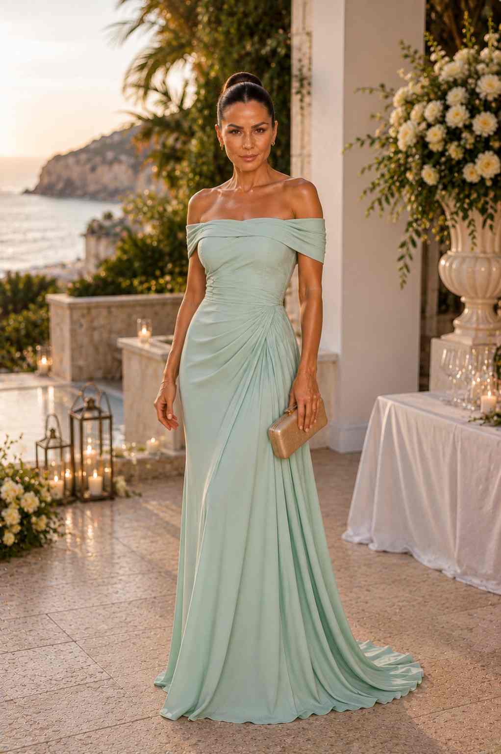 Sage green off-shoulder gown with draped neckline and flowing skirt