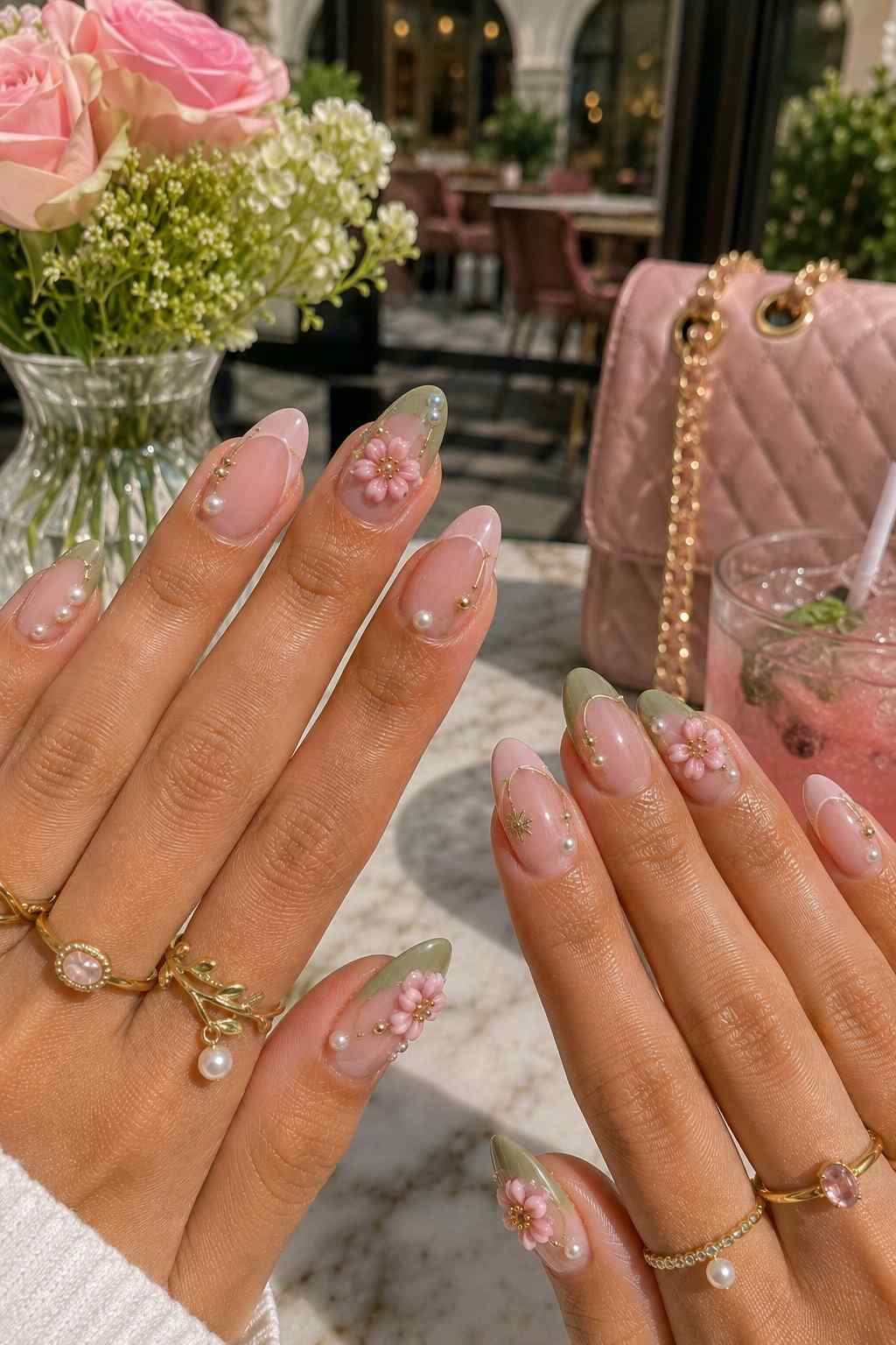Sage green tips with pearl and gold chain detailing and 3D flower charms