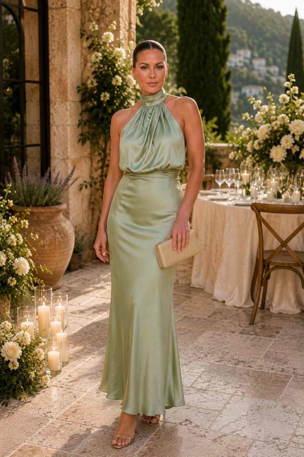 Sage green satin halter gown with high waist seam and flowing skirt