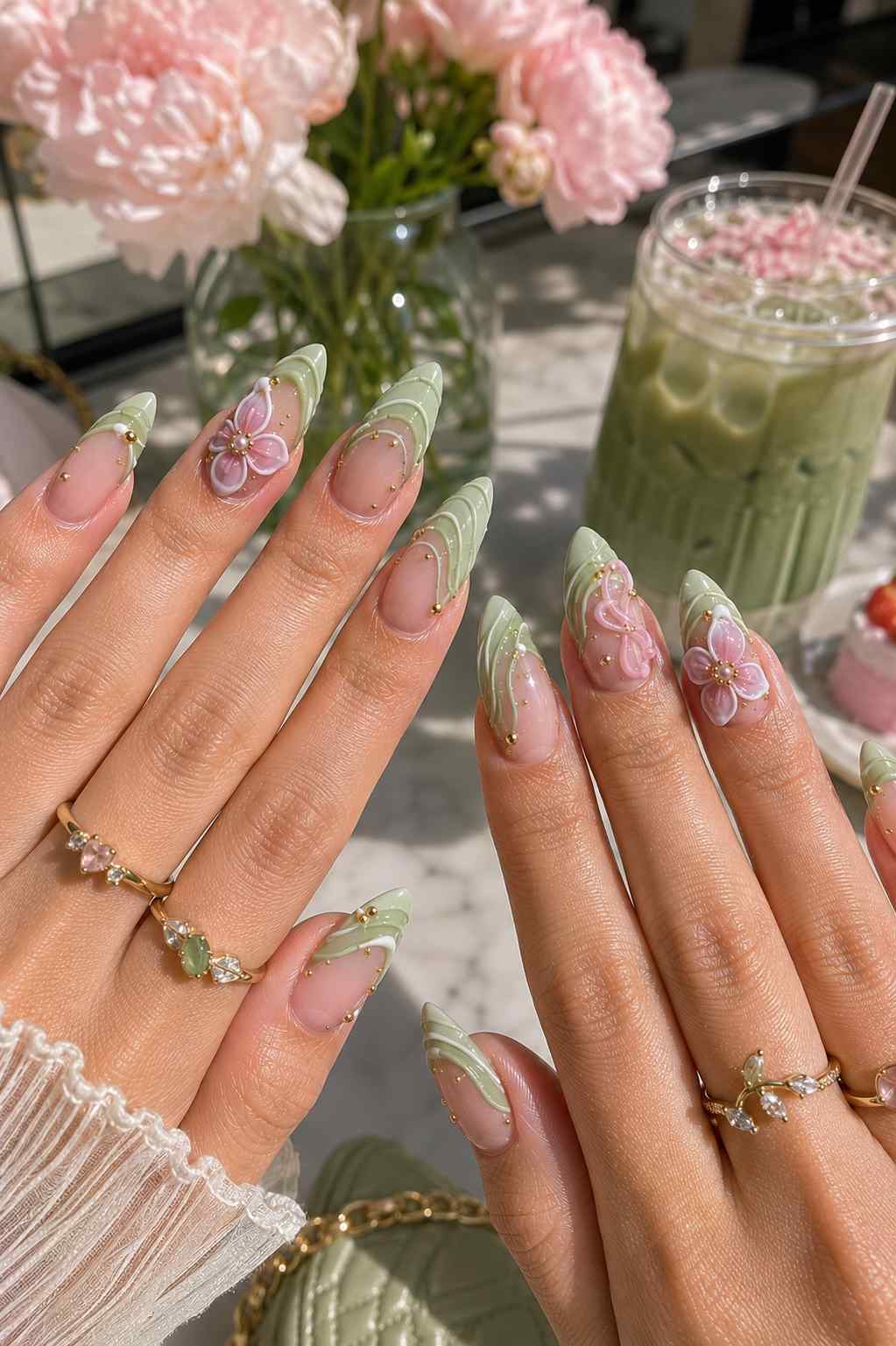 Sculpted 3D pink blossom nails with sage green swirl detailing