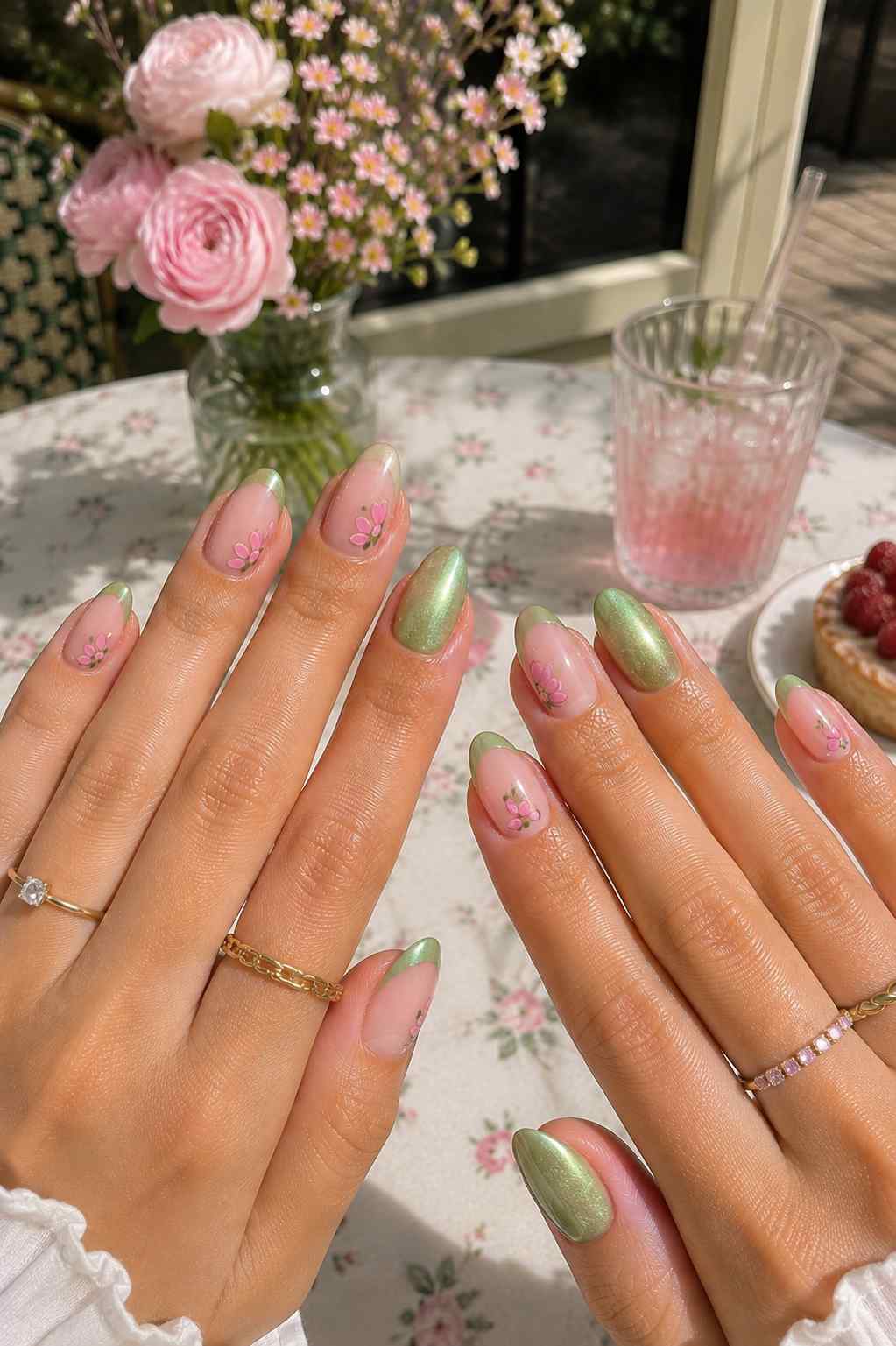 Metallic shimmer green tips with delicate cherry blossom accents