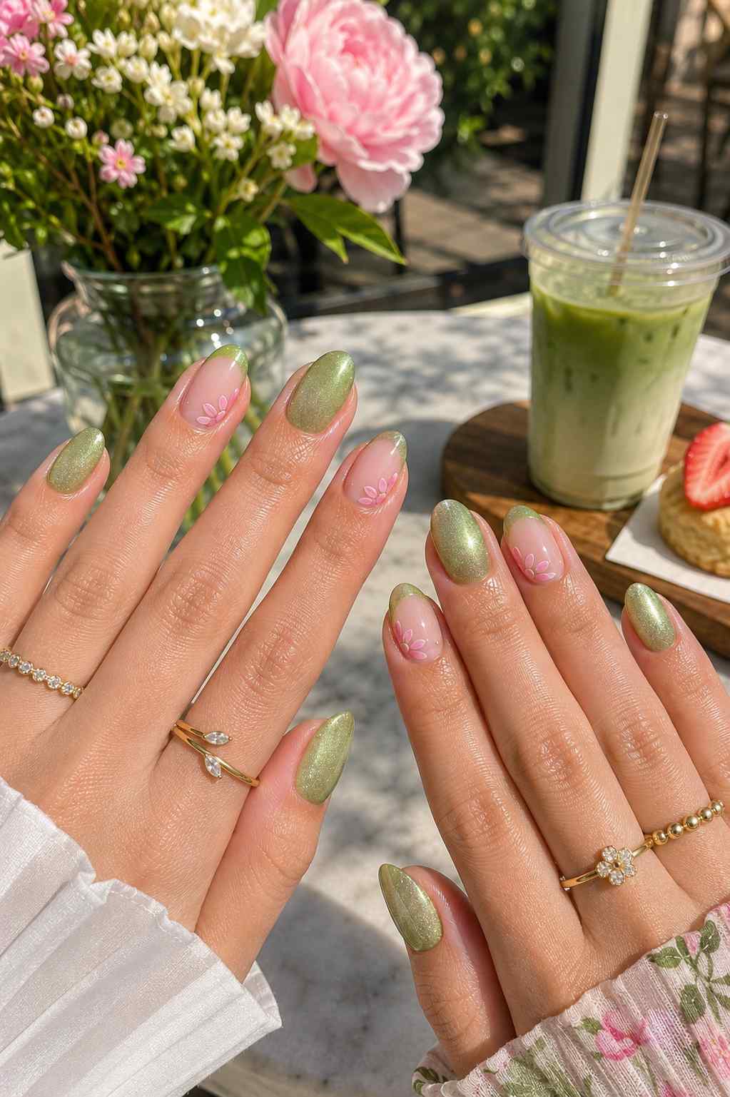 Shimmery green nails with sheer pink petal accent details