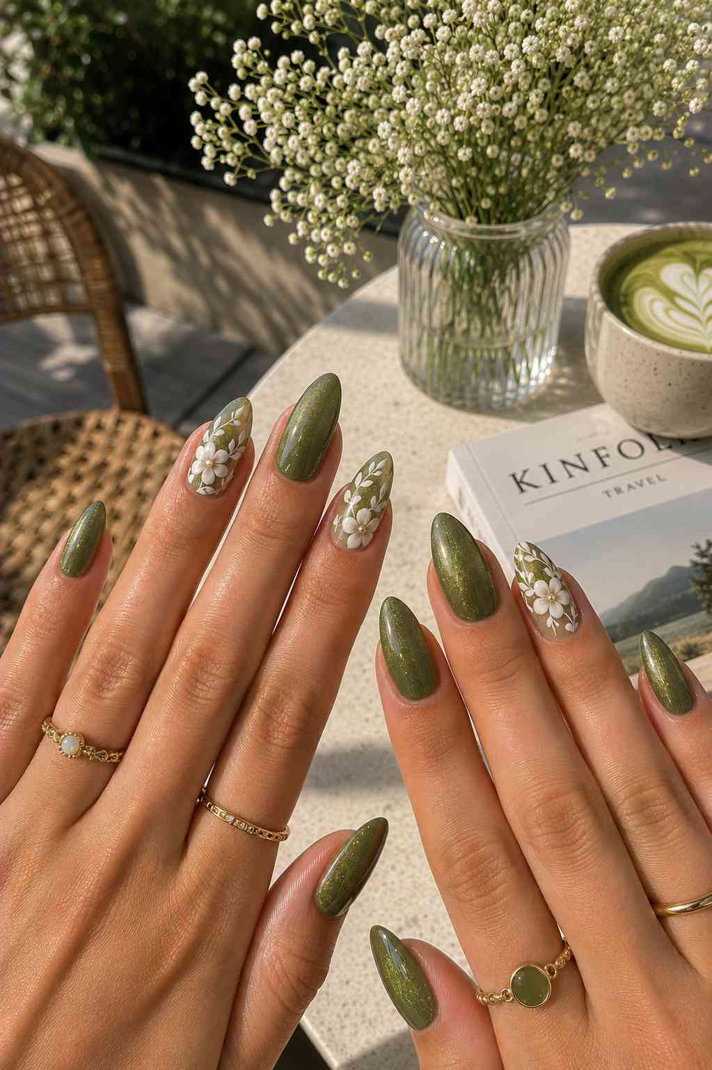 Shimmery olive green nails with layered white daisy flower and stem nail art