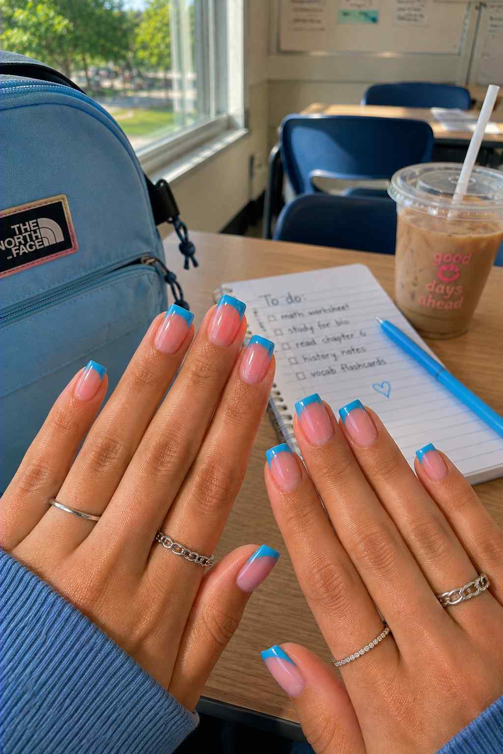 Nude nails with solid sky blue French tips