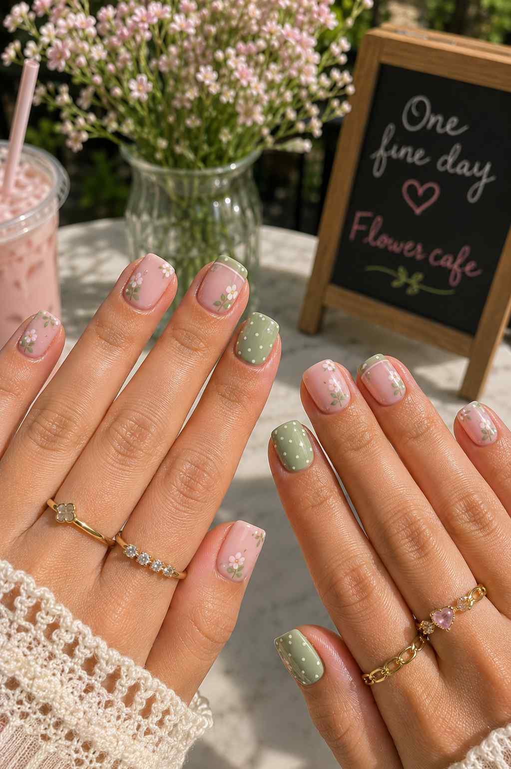 Square nails with sage polka dots and painted daisy accents
