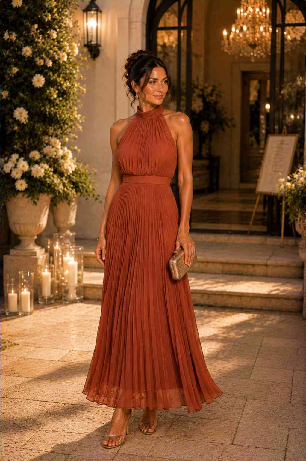 Terracotta pleated halter maxi dress with flowing skirt