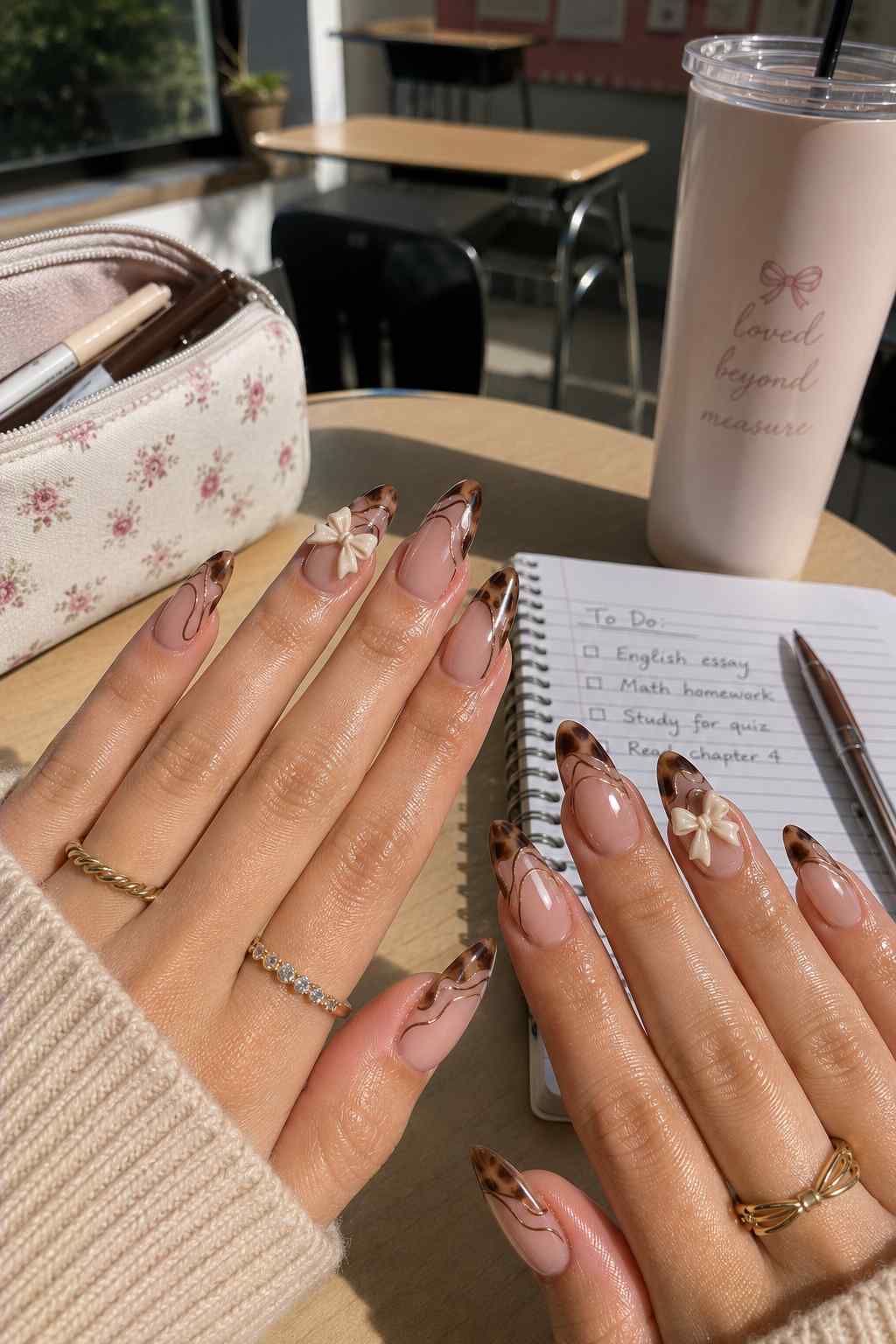 Nude almond nails with tortoiseshell French tips, swirl line art, and a 3D white bow accent