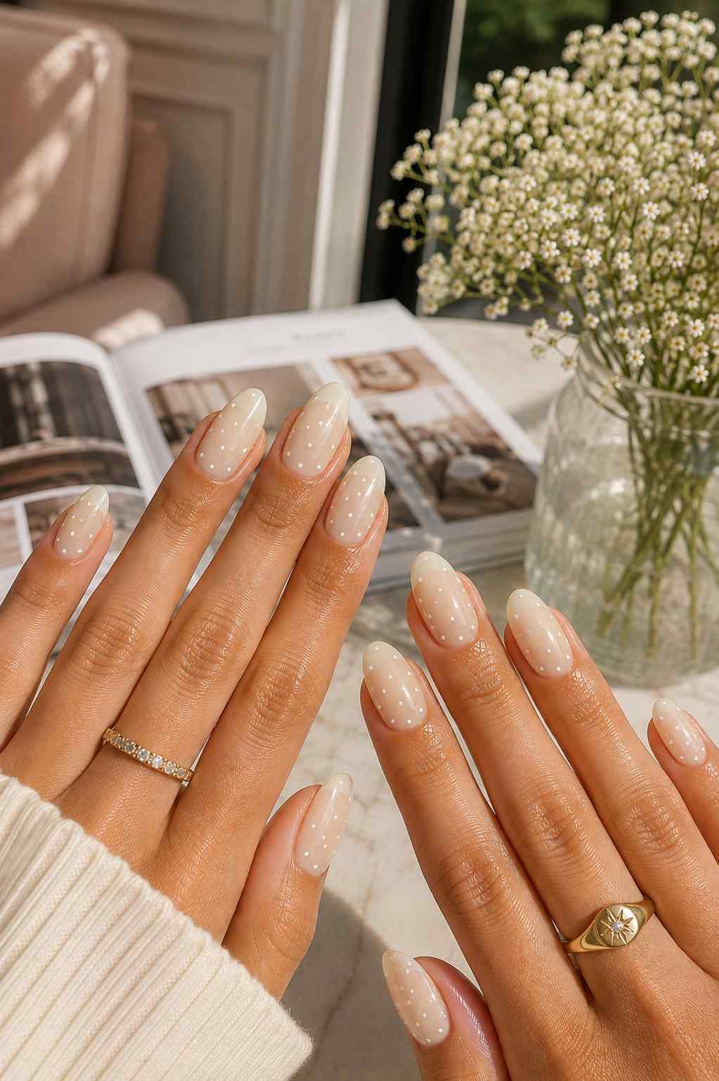 Vanilla nails with tiny scattered white polka dots