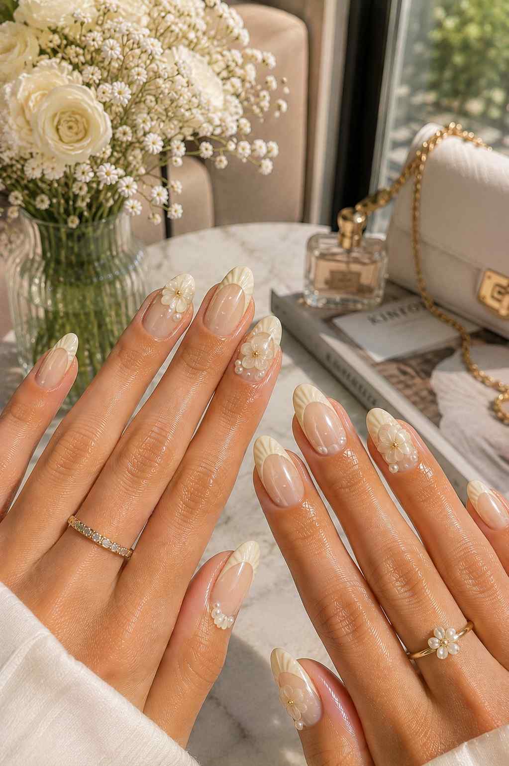 Scalloped vanilla French tips with pearl-dotted daisy accents
