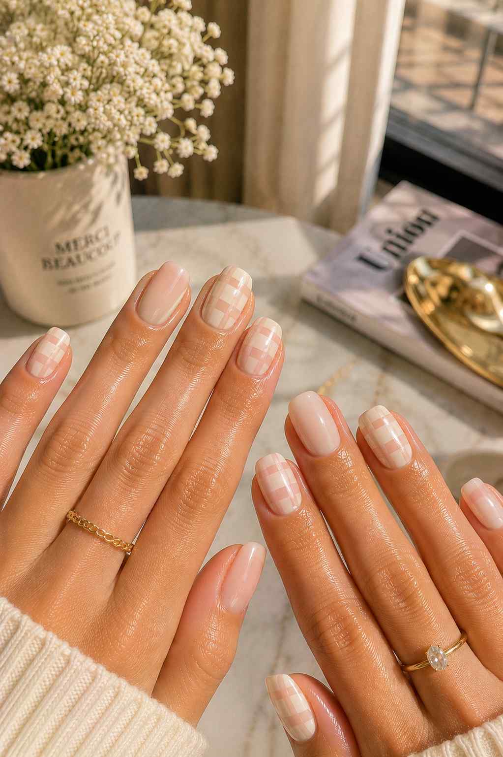 Soft vanilla nails with a subtle gingham check pattern