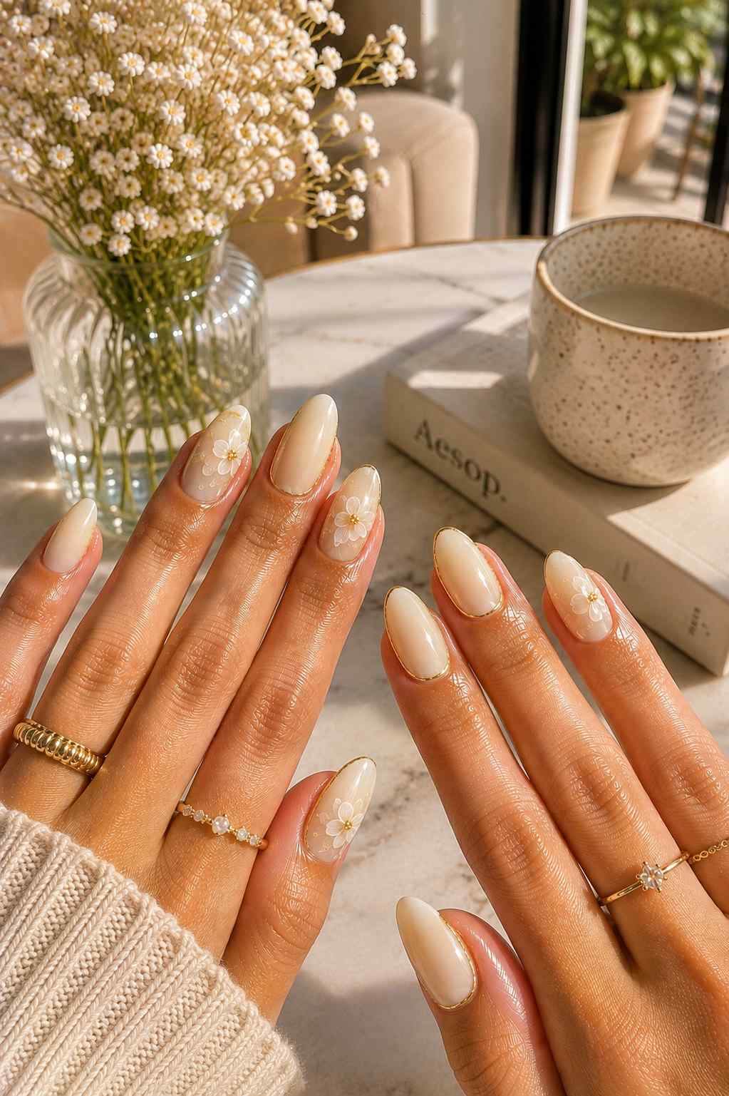 Vanilla nails with thin gold lining and delicate white daisy accents