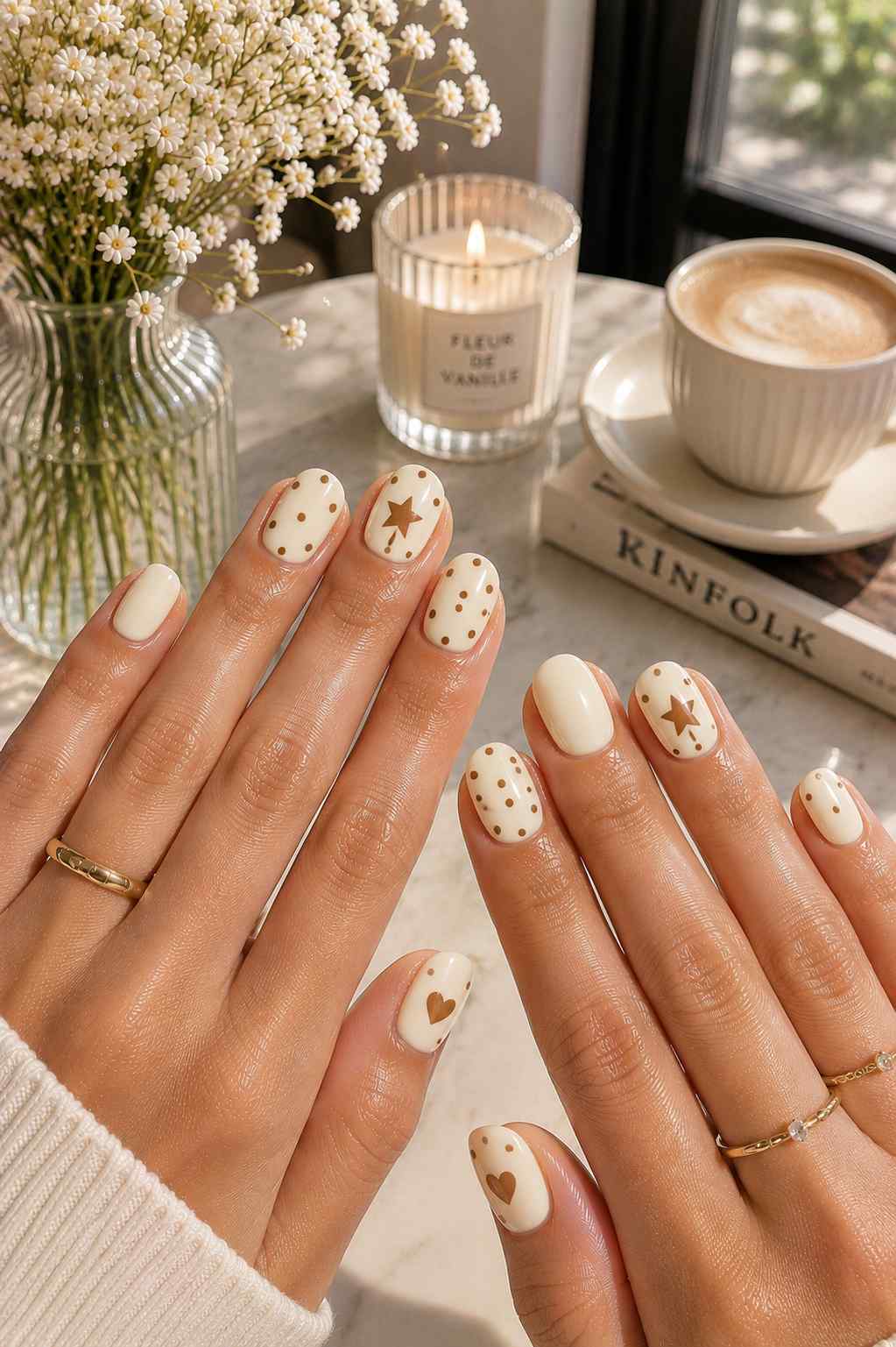 Vanilla nails with gold star, dot, and heart accents