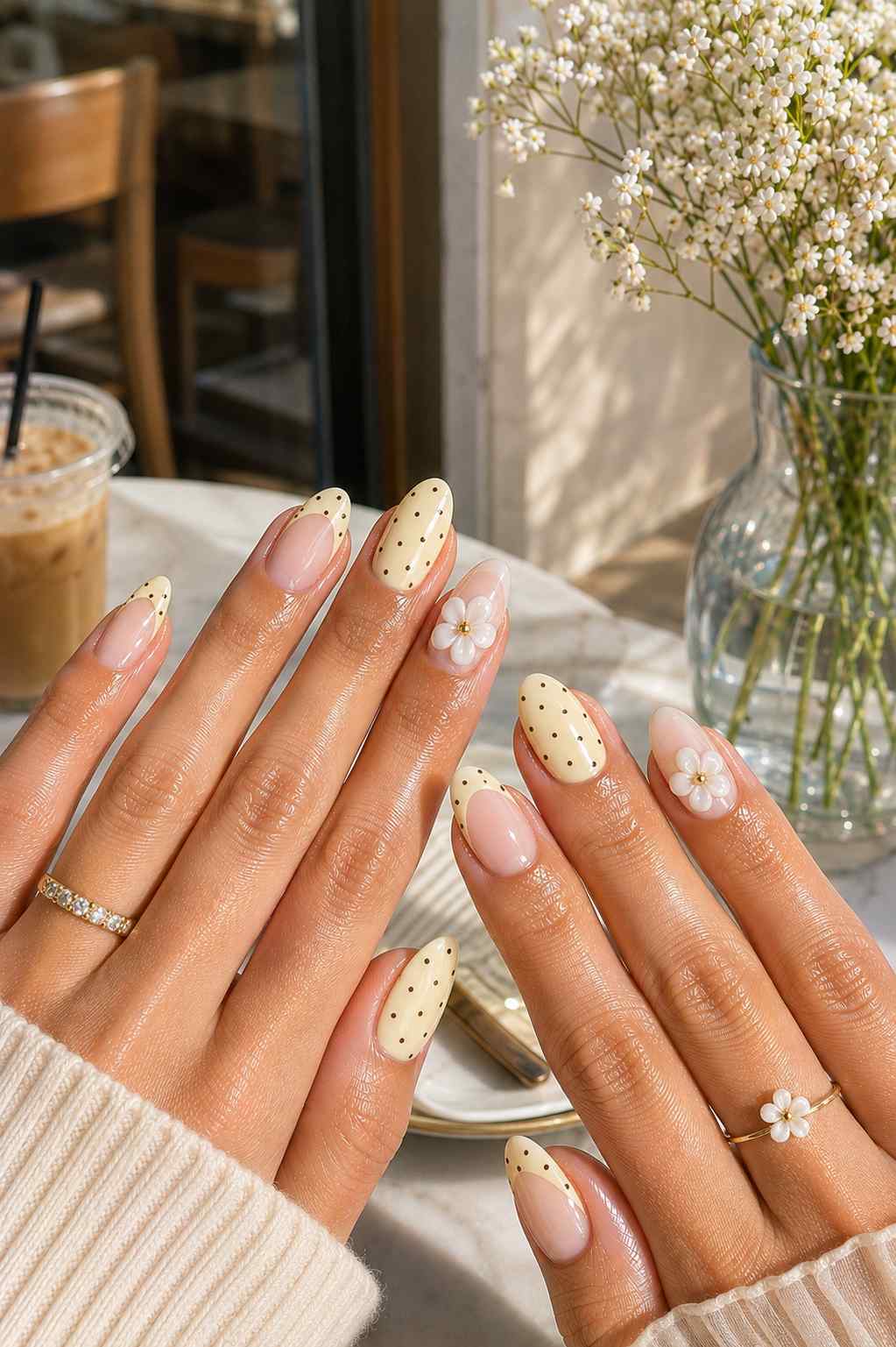 Vanilla polka dot nails with a sculpted 3D daisy accent