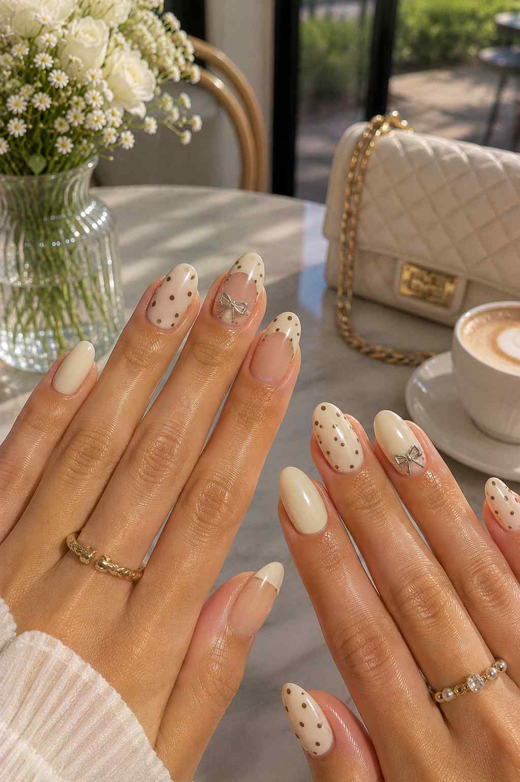 Vanilla polka dot nails with a metallic bow charm accent