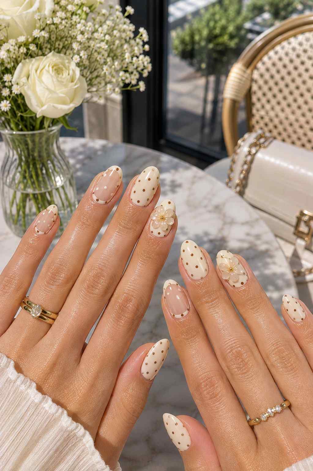 Vanilla polka dot nails with daisy accent details