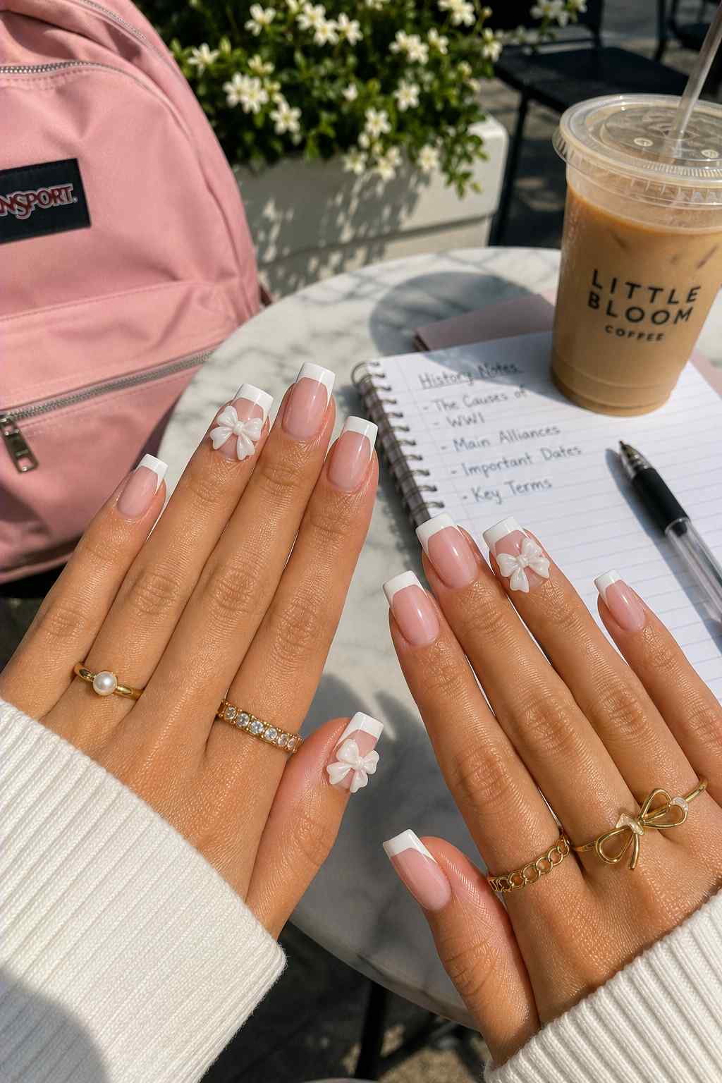 Nude nails with white French tips and 3D white bow accent nails