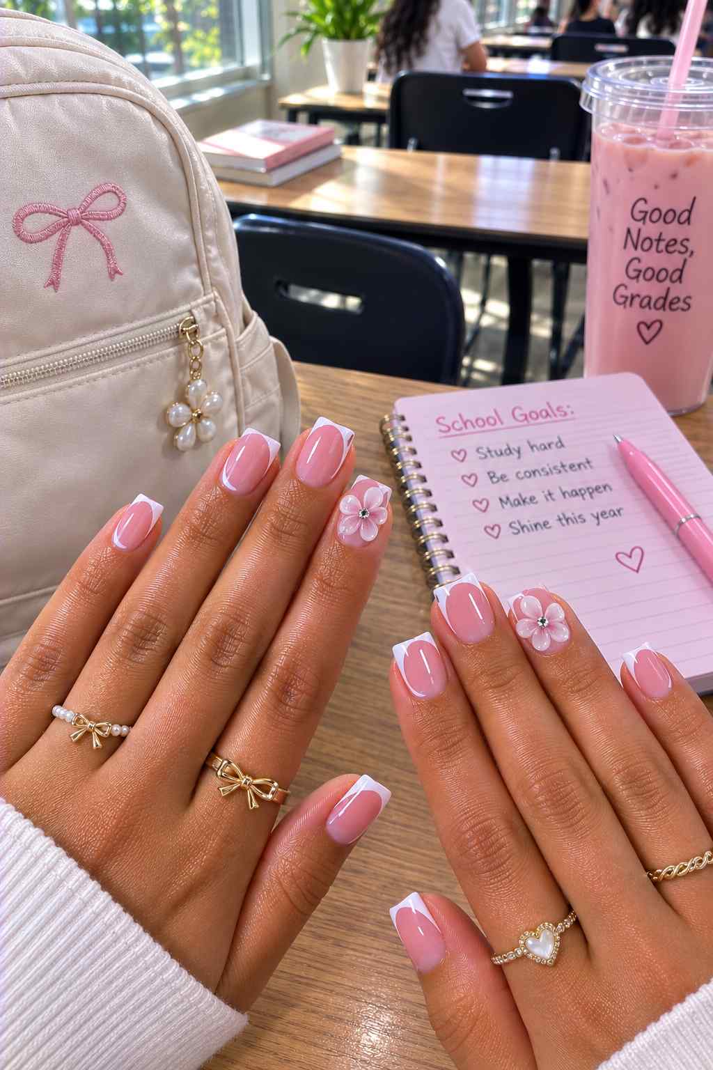 Nude nails with white French tips and a 3D daisy flower accent nail