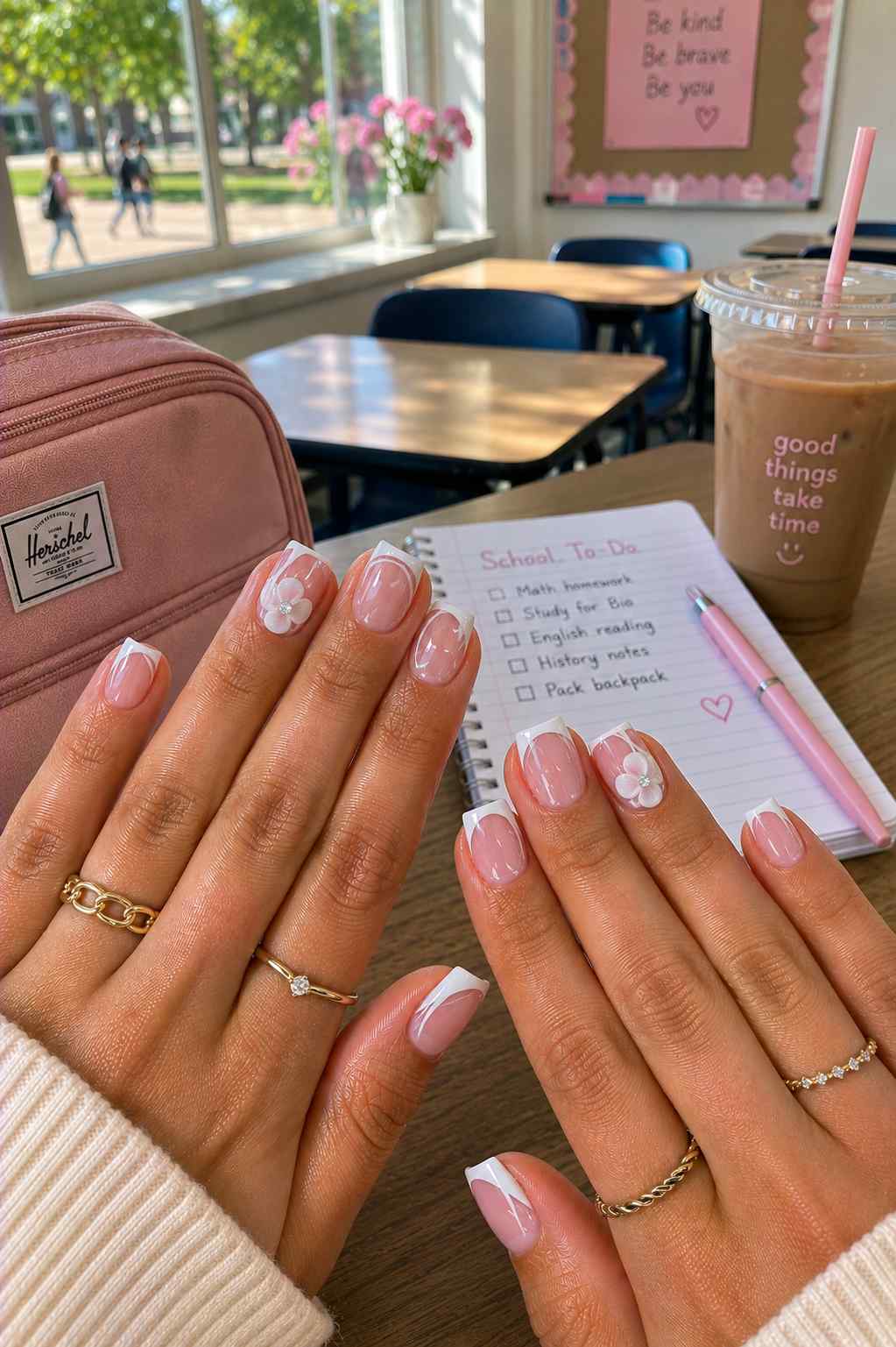 Short nude nails with white French tips and a 3D white daisy accent nail