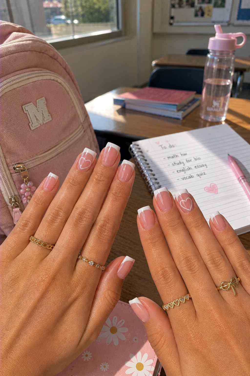 Short nude nails with white French tips and hand-drawn heart outline accents