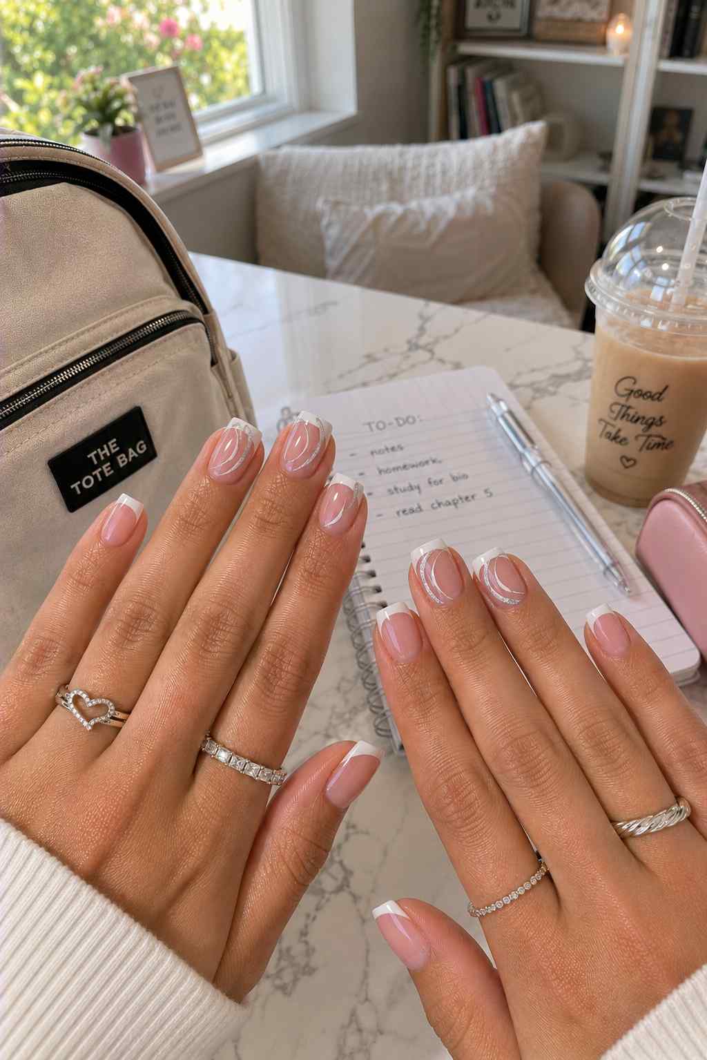 Nude nails with white French tips and delicate silver swirl line art
