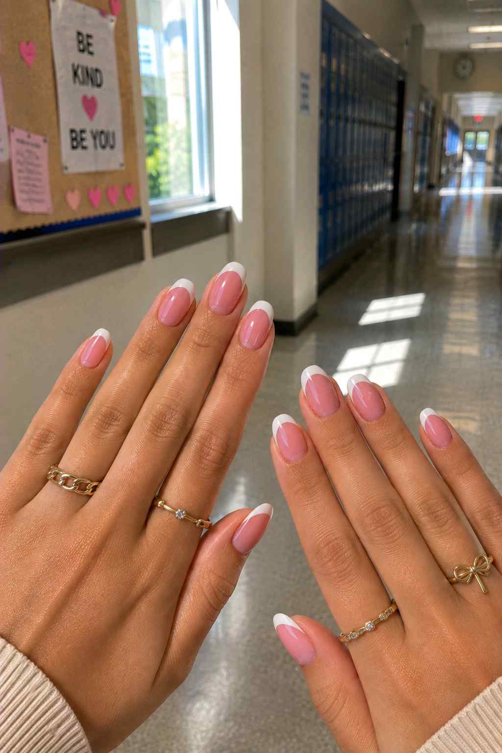 Simple white French tip manicure on almond-shaped nails