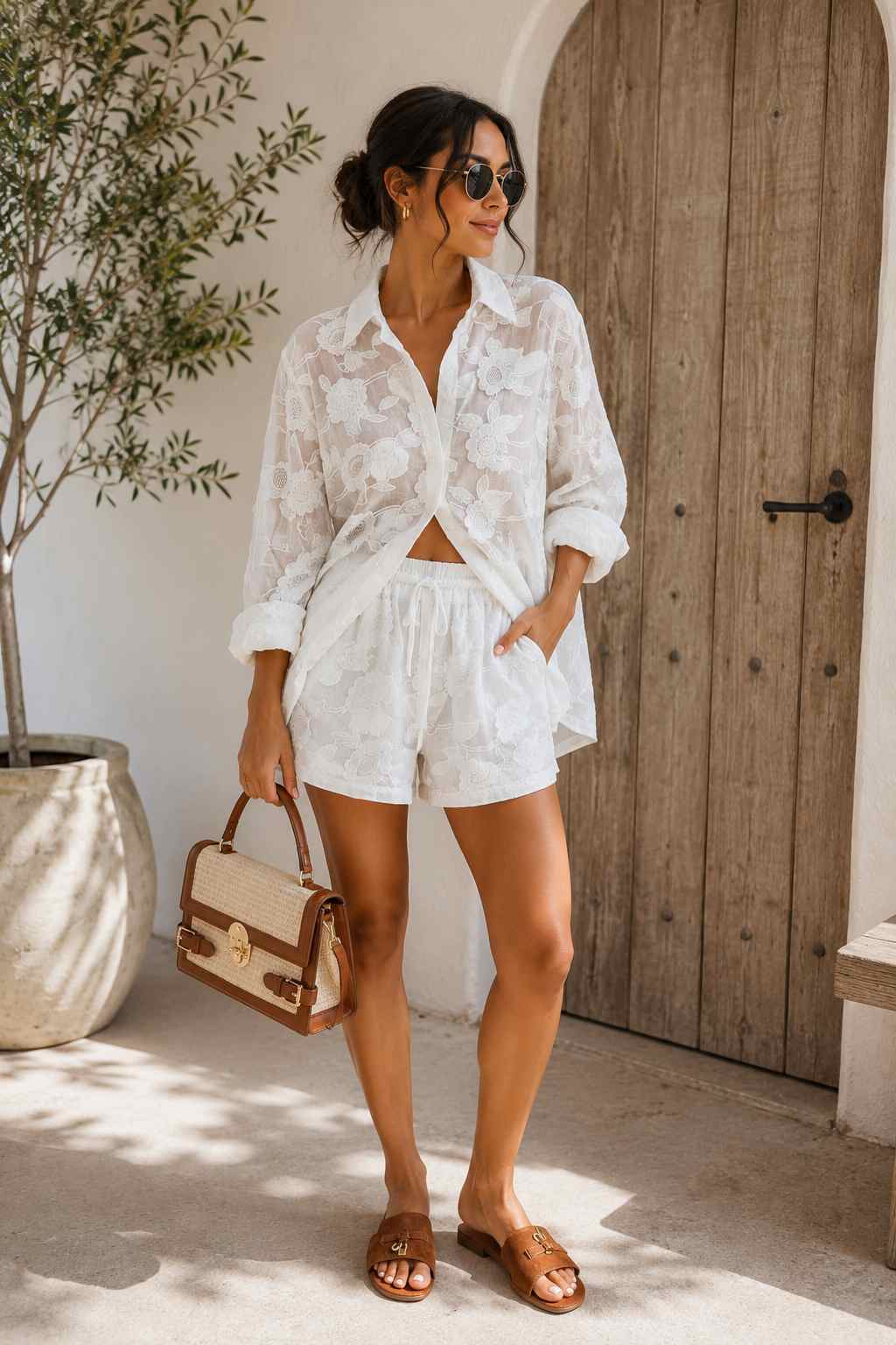 Woman wearing a white sheer floral lace shirt and matching shorts two-piece set with a straw handbag.